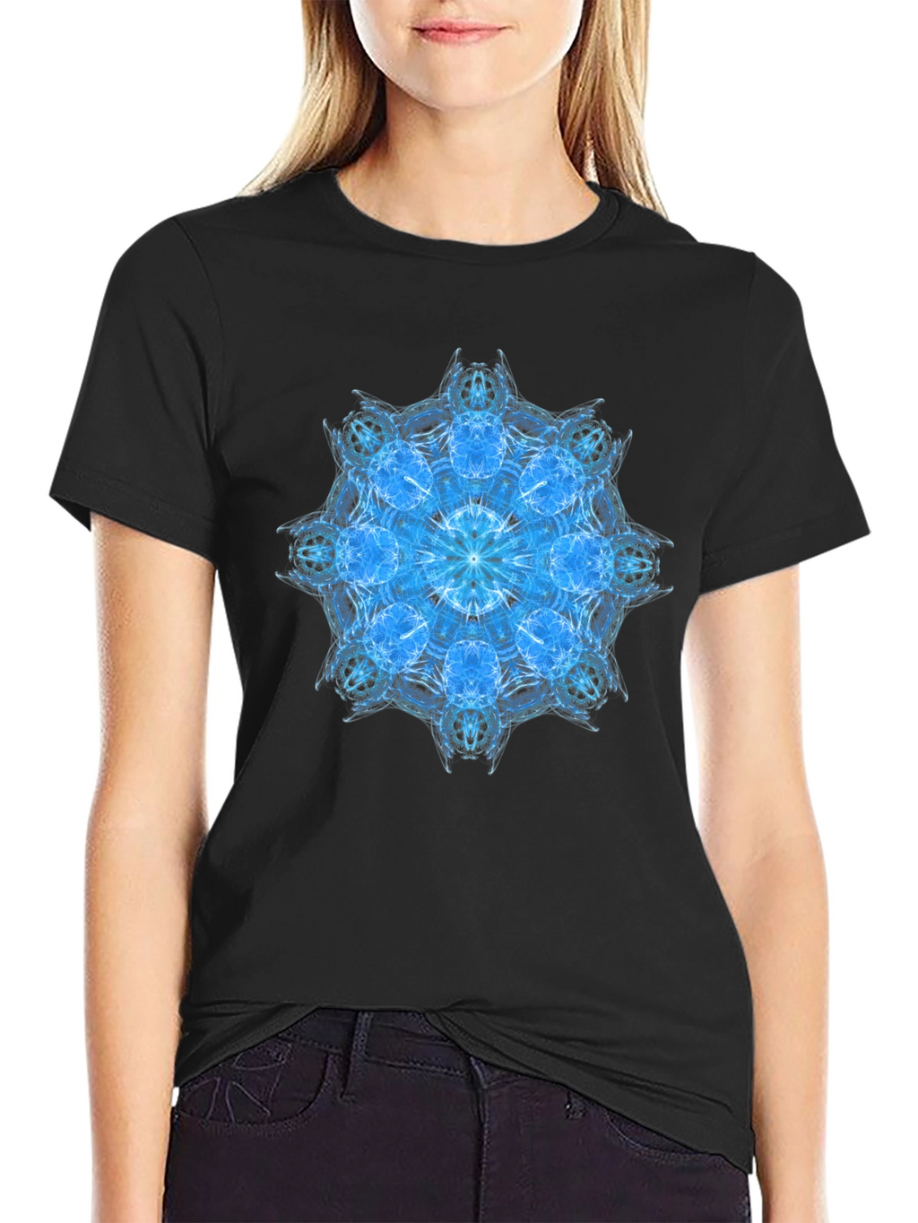 Blue Mandala Graphic Black T-Shirt