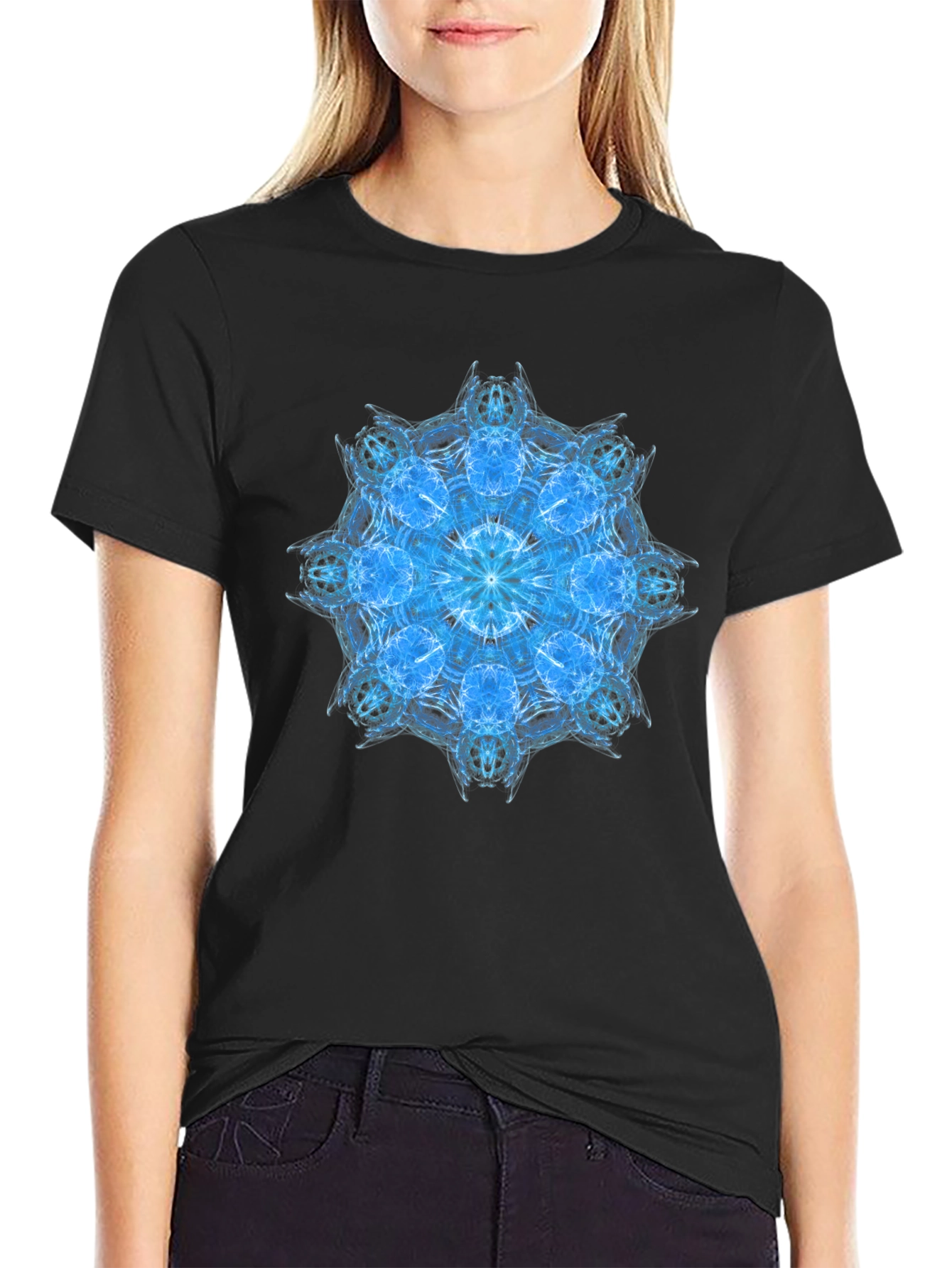 Blue Mandala Graphic Black T-Shirt