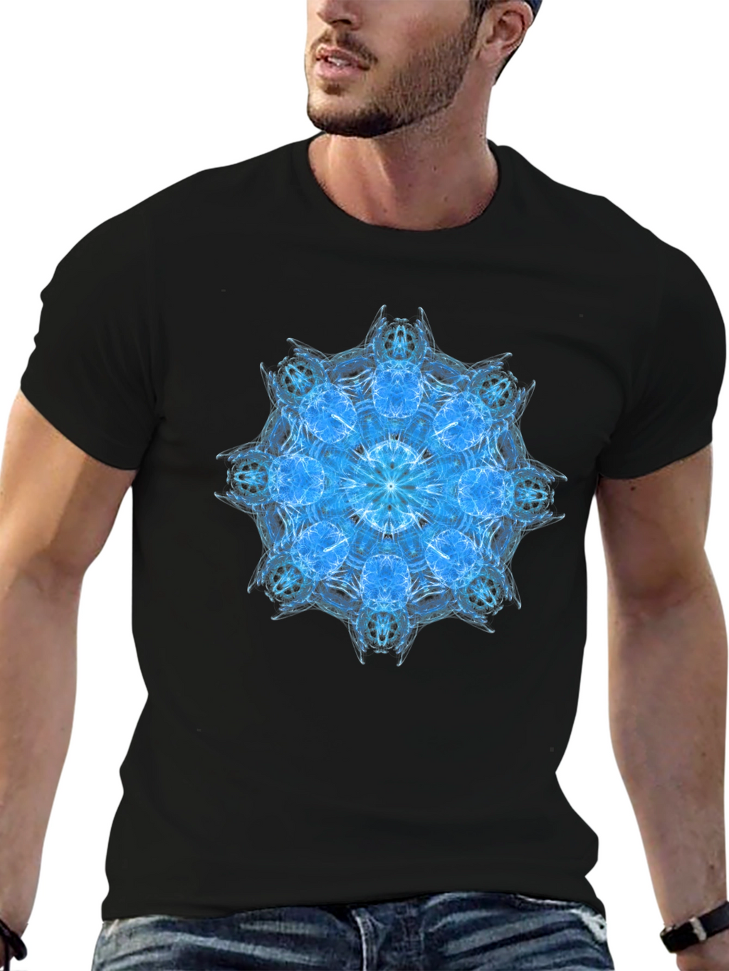 Blue Mandala Graphic Black T-Shirt
