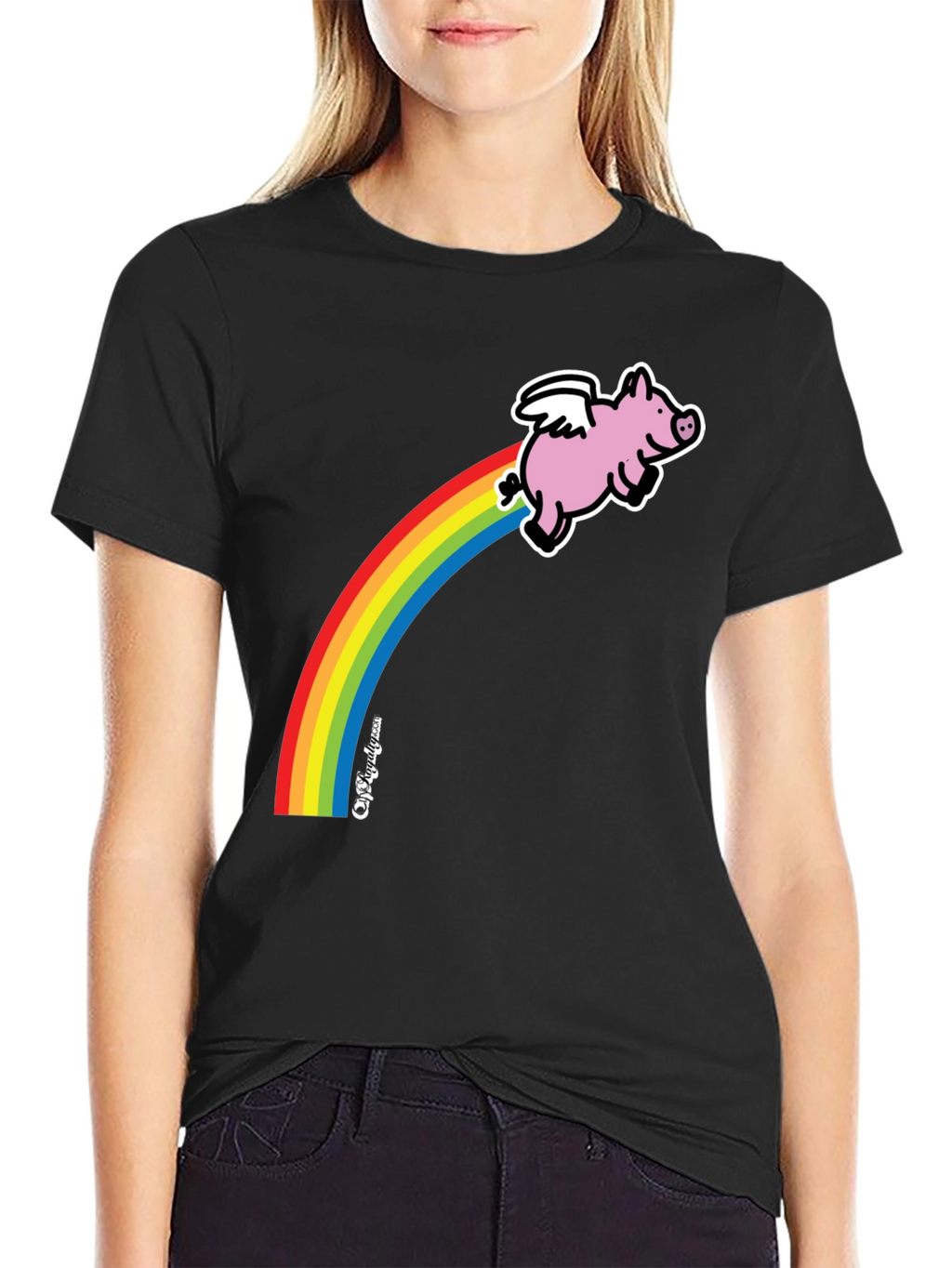 Flying Pig Rainbow T-Shirt - Black Cotton Tee