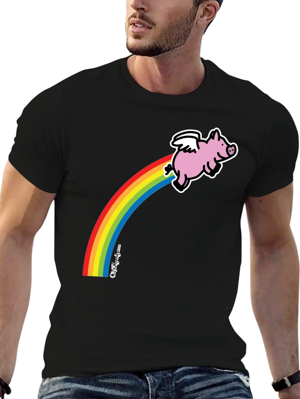 Flying Pig Rainbow T-Shirt - Black Cotton Tee