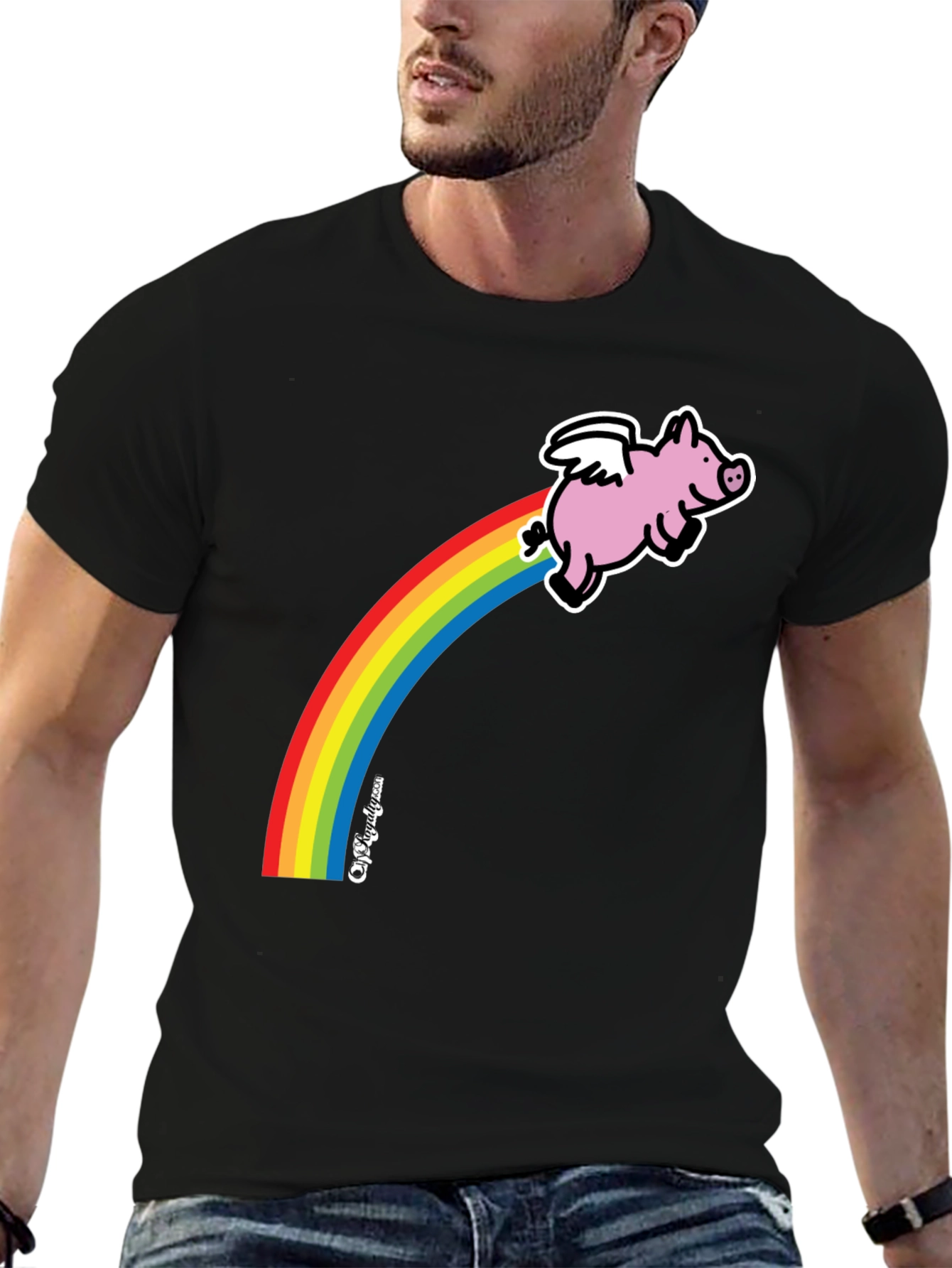 Flying Pig Rainbow T-Shirt - Black Cotton Tee