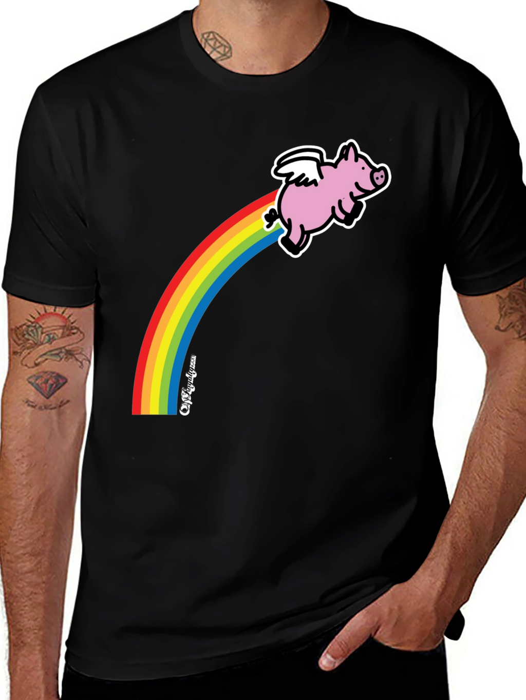 Flying Pig Rainbow T-Shirt - Black Cotton Tee