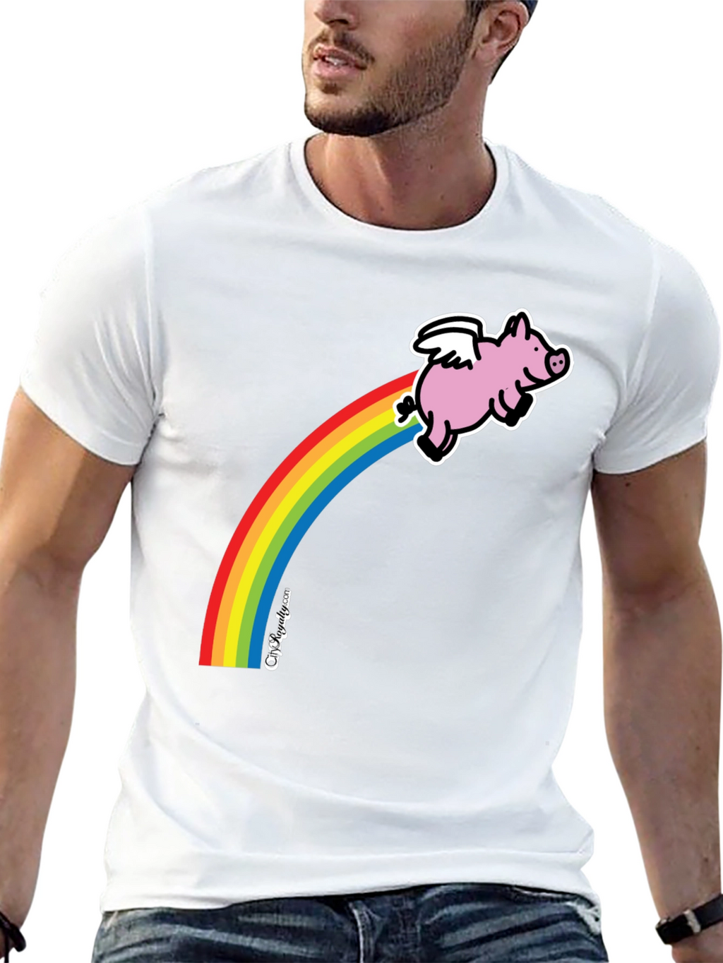 Flying Pig Rainbow T-Shirt - Black Cotton Tee