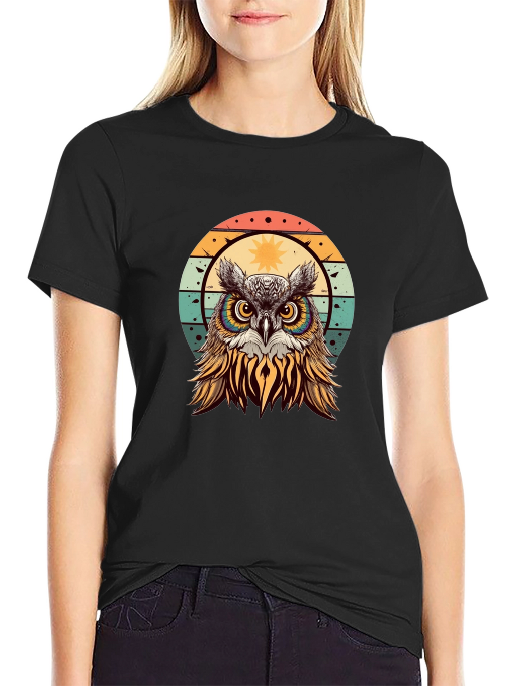 Retro Owl Graphic T-Shirt - Black