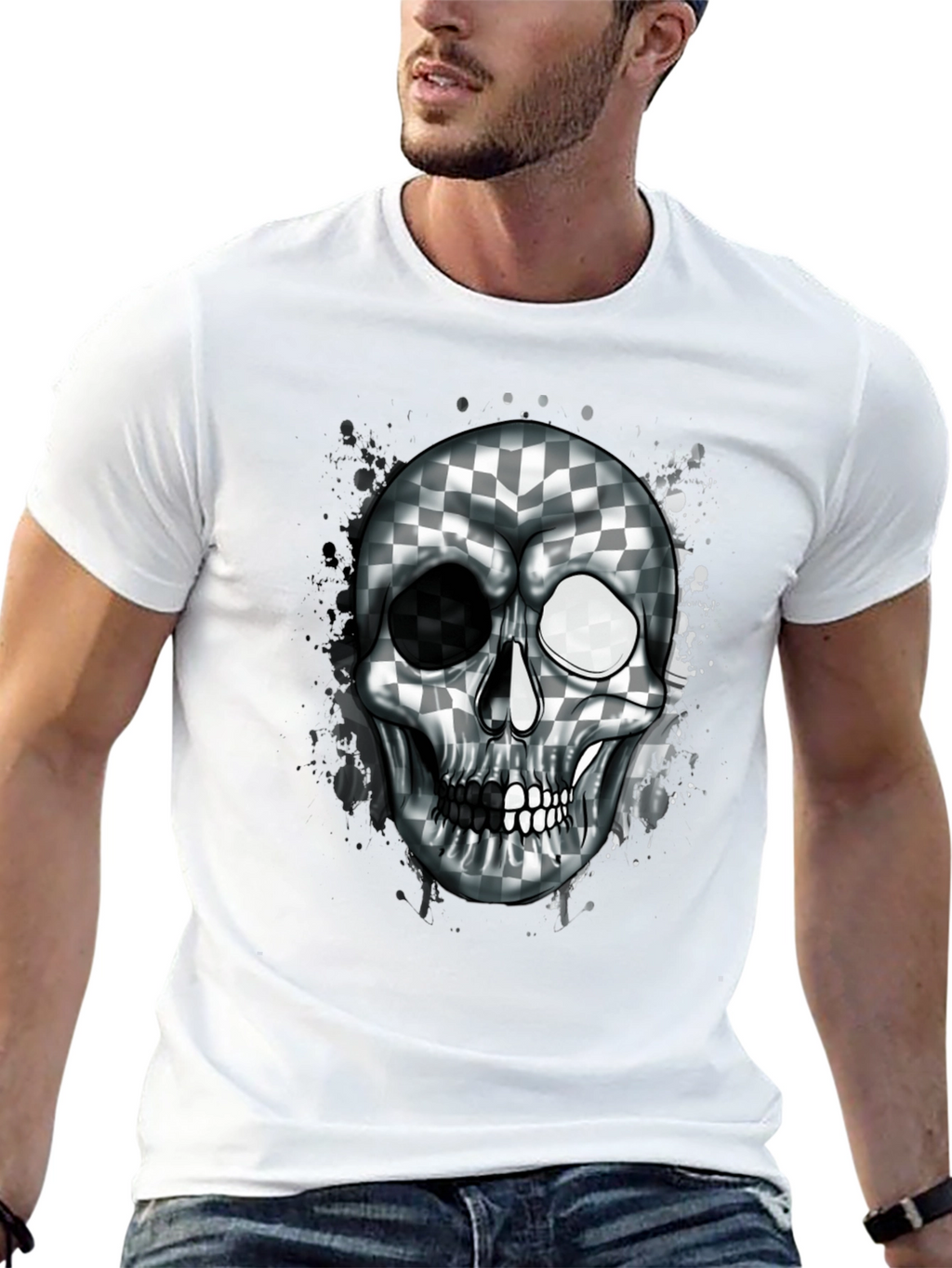 Checkered Skull Graphic Tee - Black