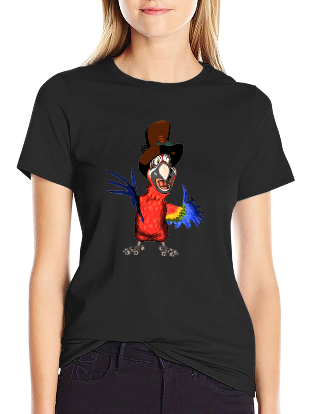 Parrot Cartoon Graphic Tee - Black