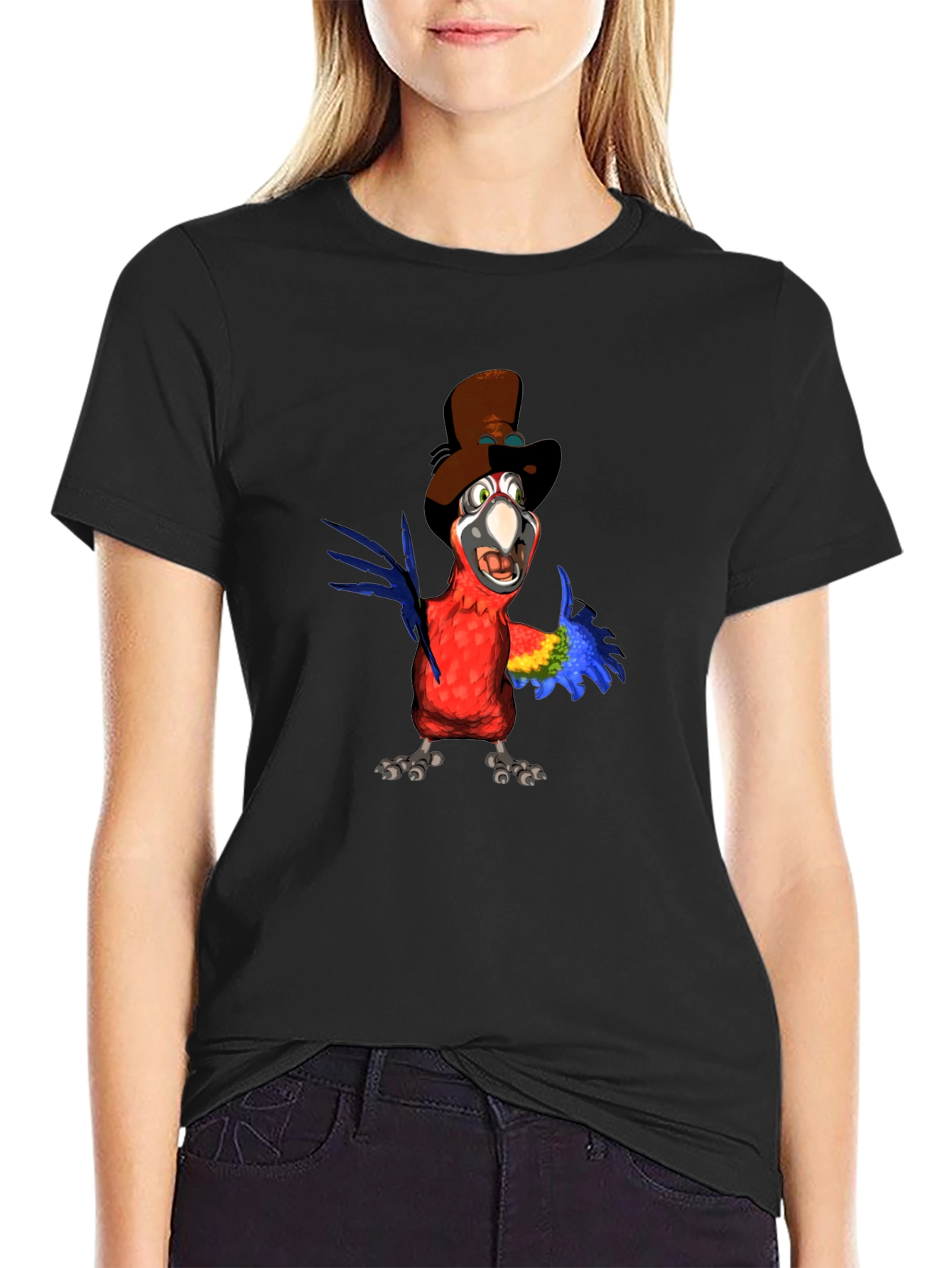 Parrot Cartoon Graphic Tee - Black