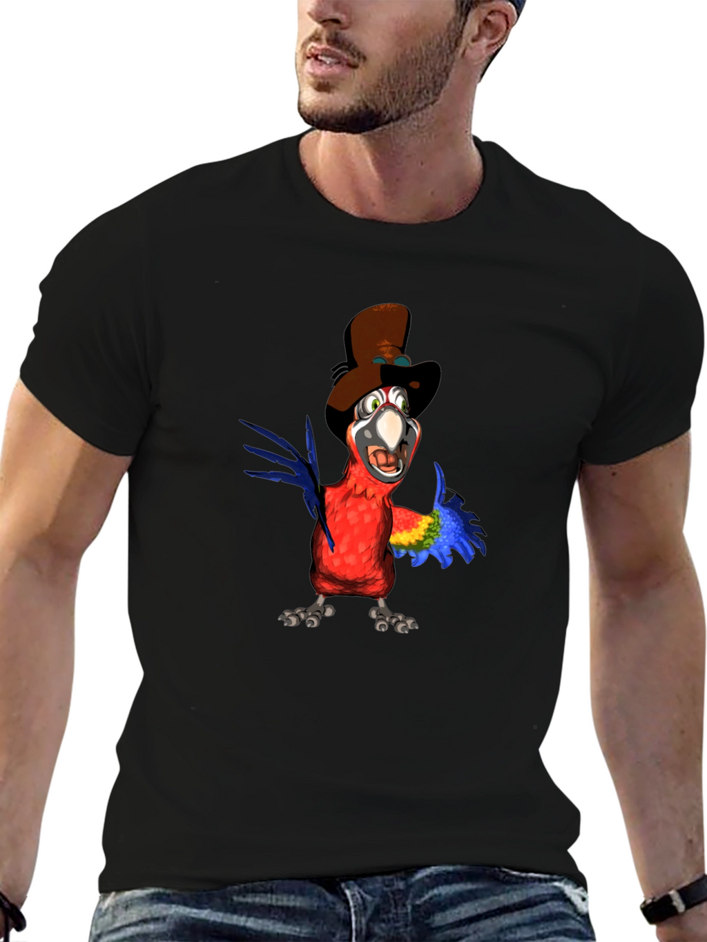 Parrot Cartoon Graphic Tee - Black