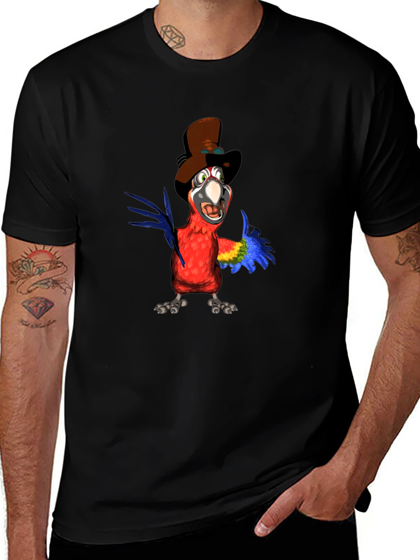 Parrot Cartoon Graphic Tee - Black
