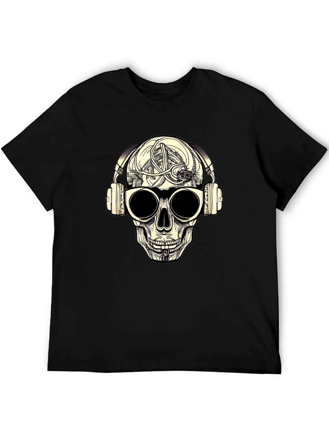 Skull with Headphones Graphic Tee - Black