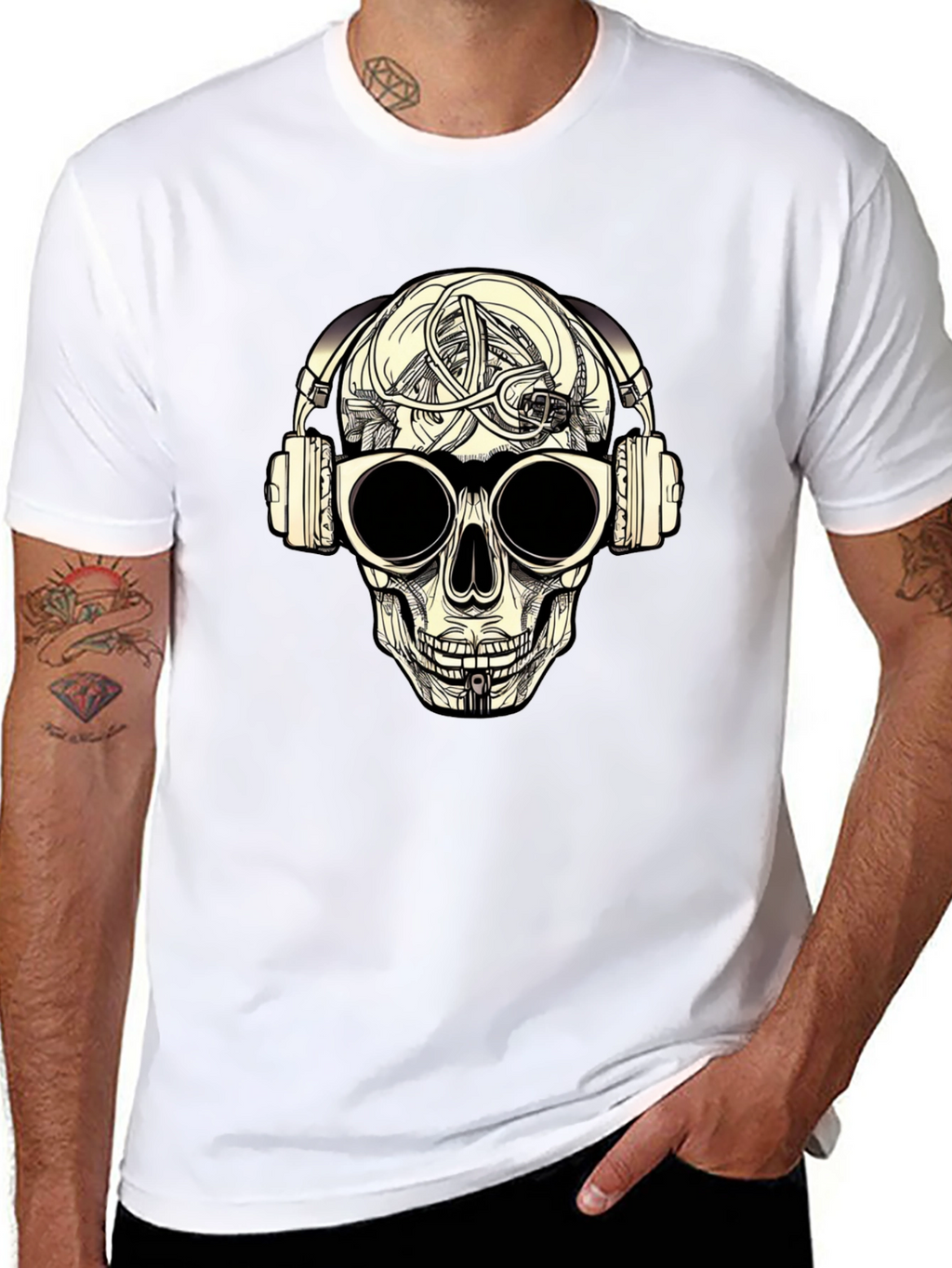 Skull with Headphones Graphic Tee - Black