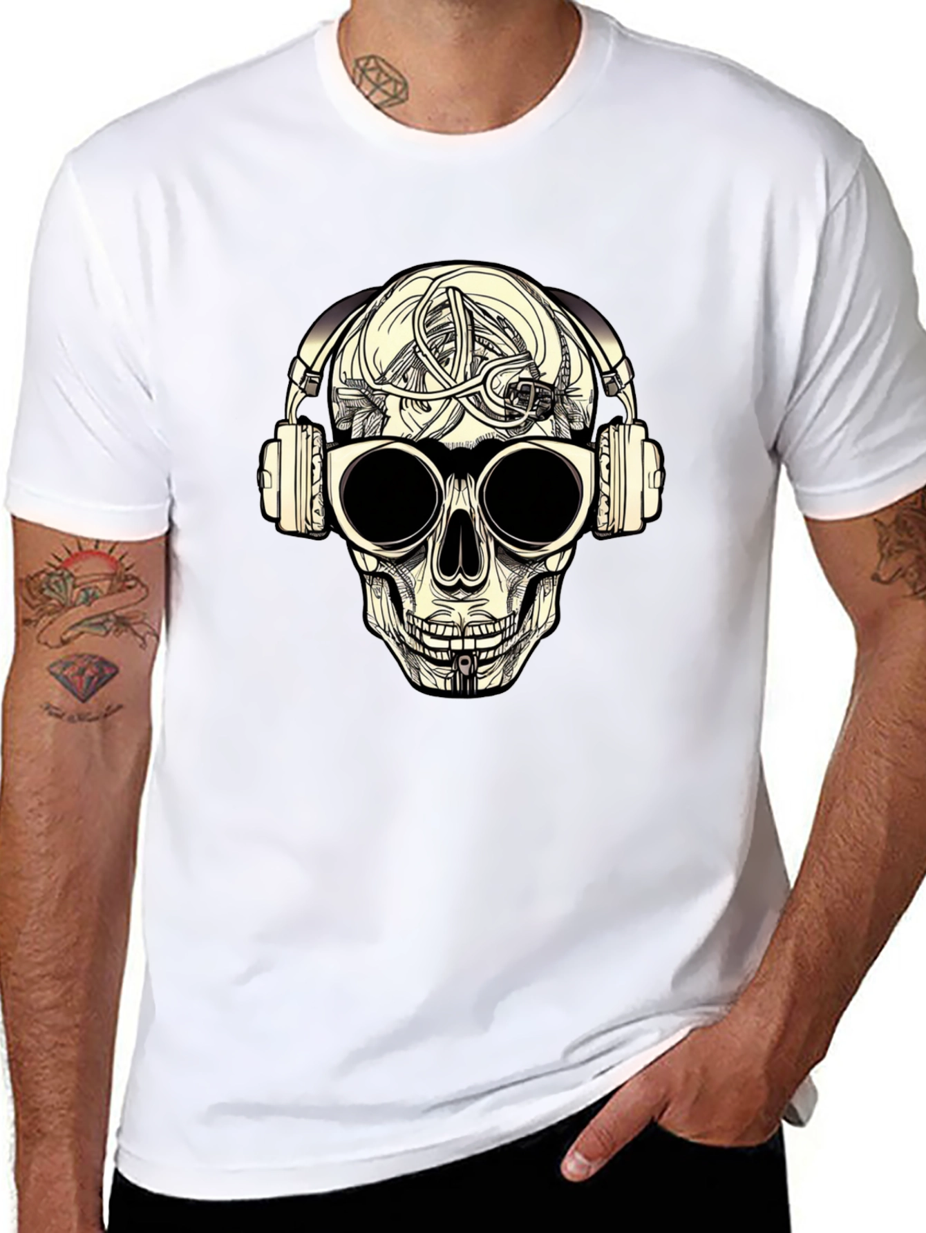 Skull with Headphones Graphic Tee - Black