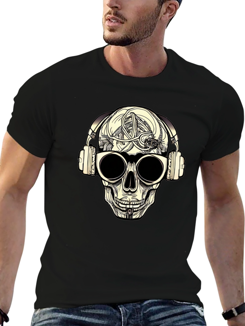 Skull with Headphones Graphic Tee - Black