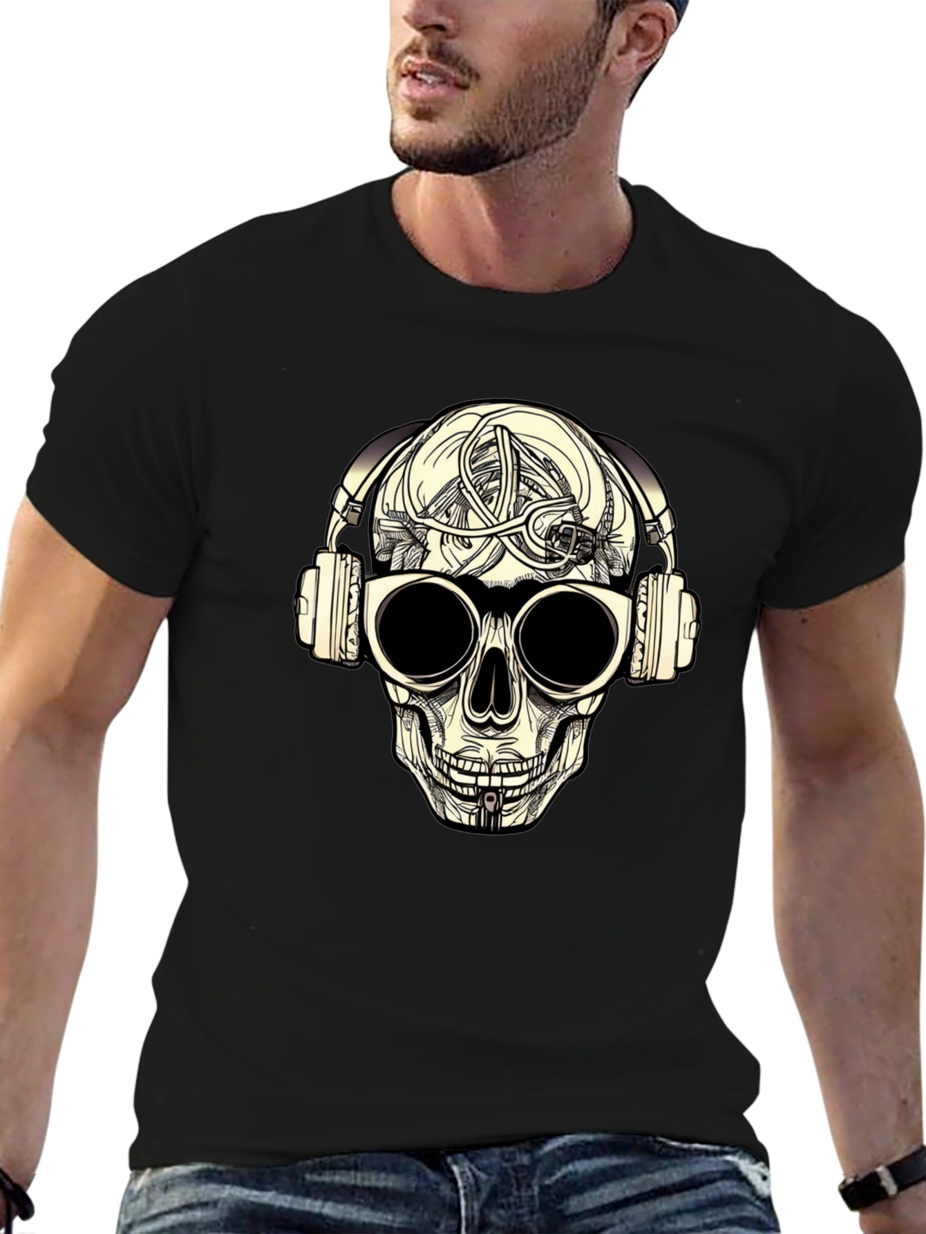 Skull with Headphones Graphic Tee - Black