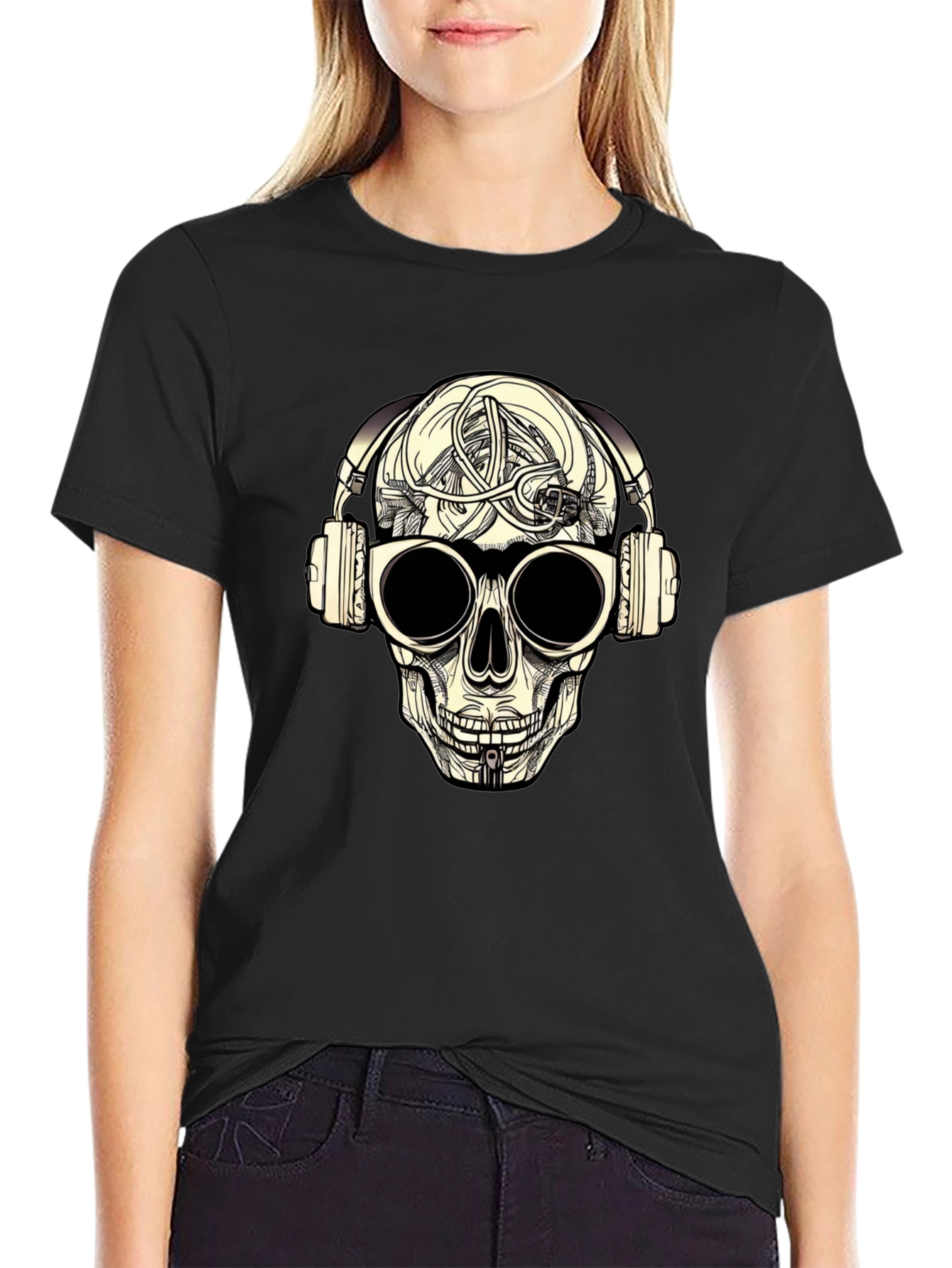 Skull with Headphones Graphic Tee - Black