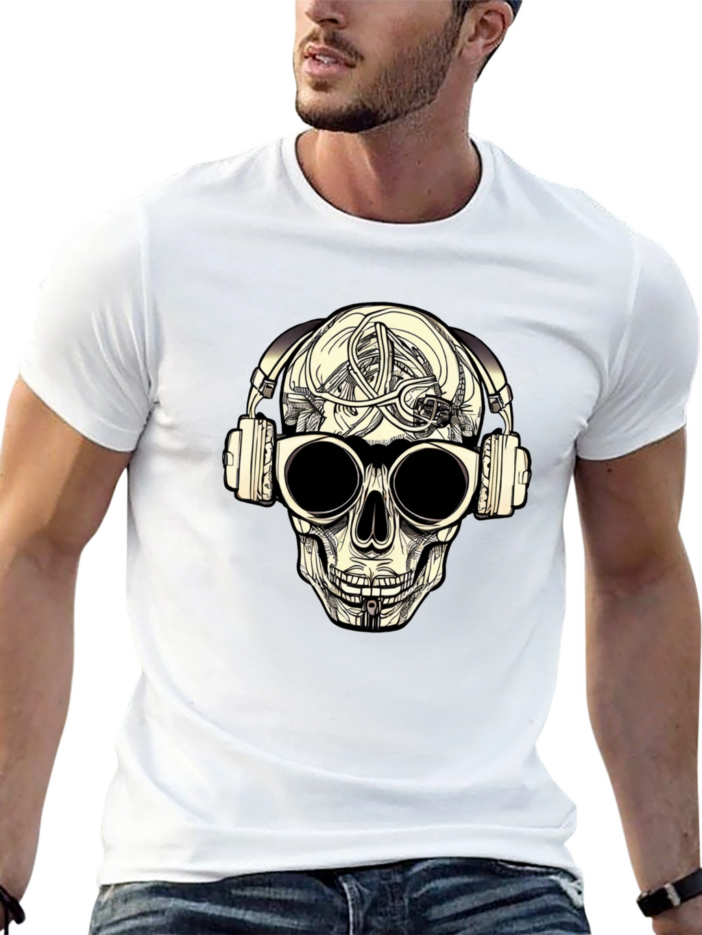 Skull with Headphones Graphic Tee - Black