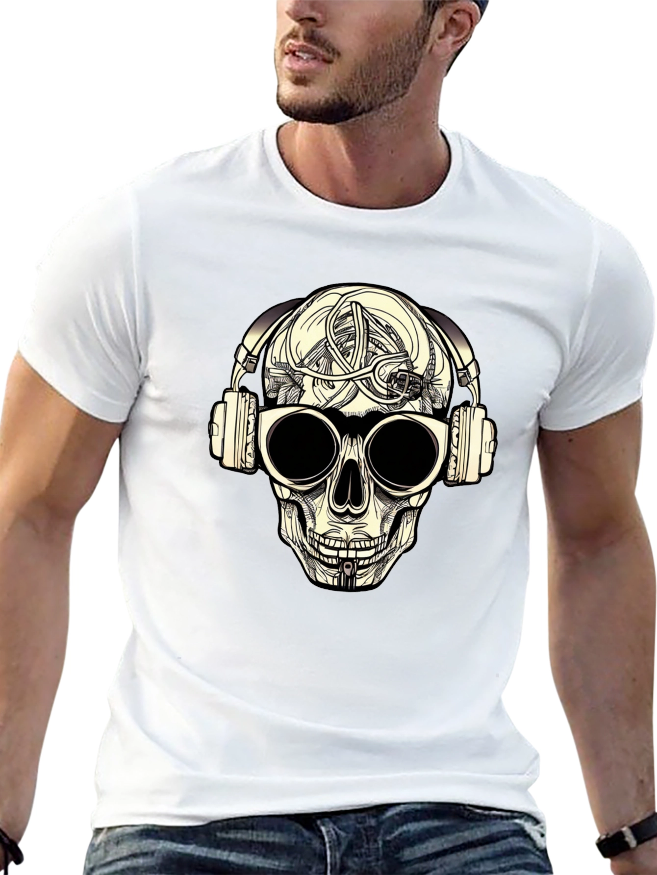 Skull with Headphones Graphic Tee - Black
