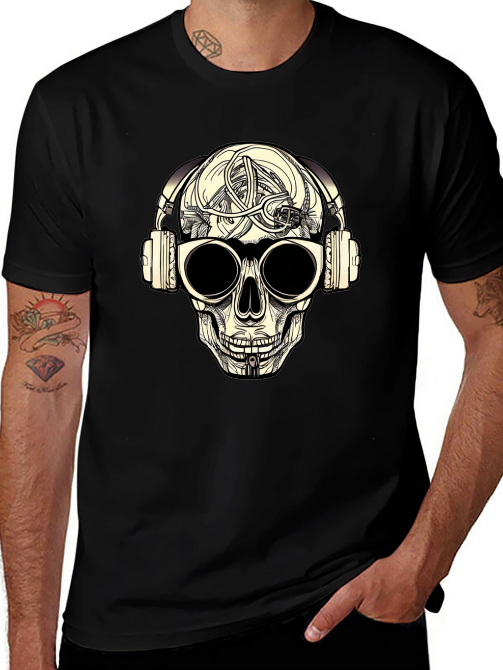 Skull with Headphones Graphic Tee - Black