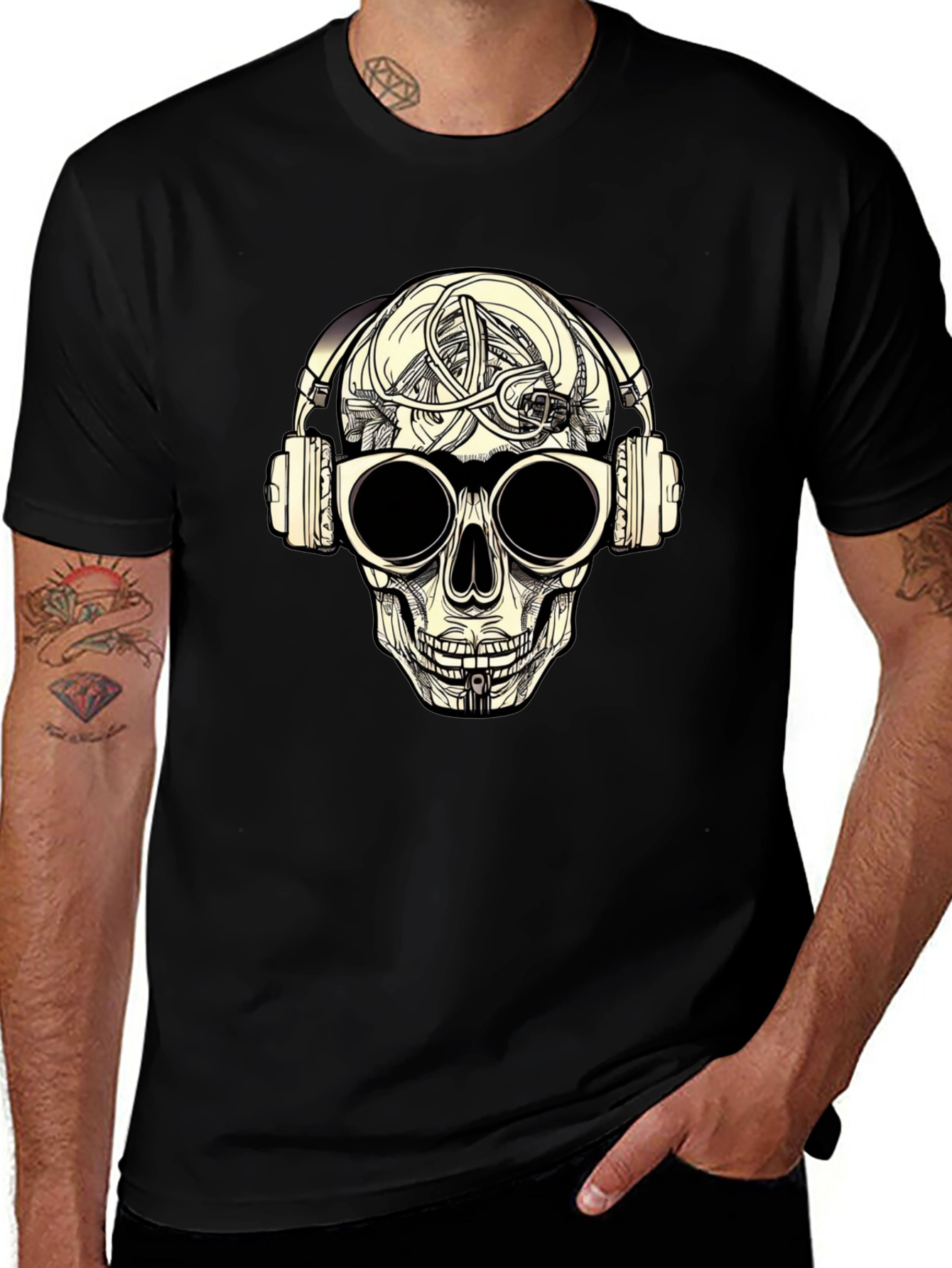 Skull with Headphones Graphic Tee - Black