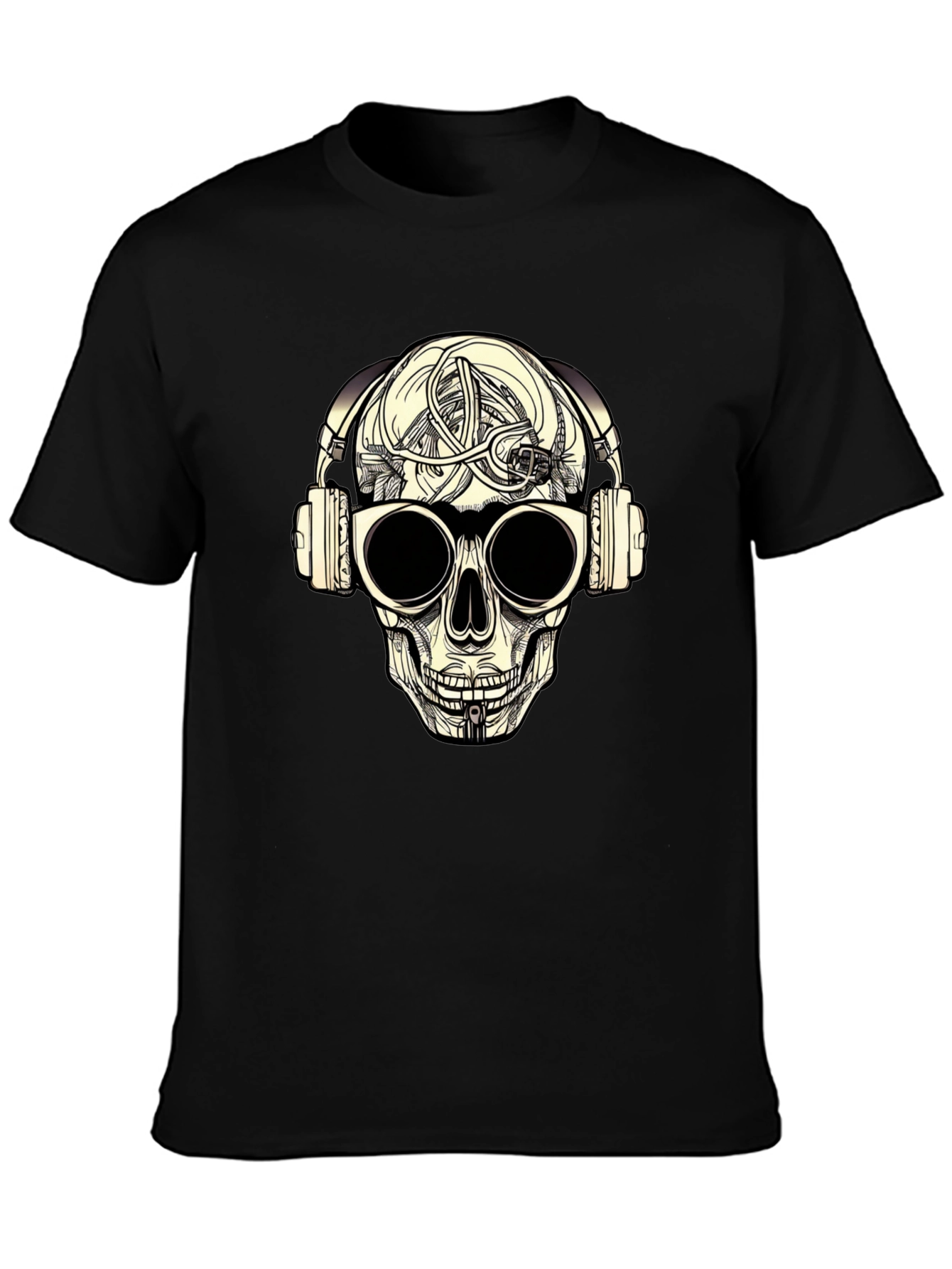 Skull with Headphones Graphic Tee - Black