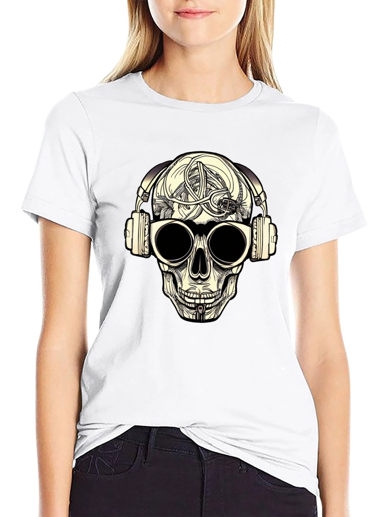 Skull with Headphones Graphic Tee - Black