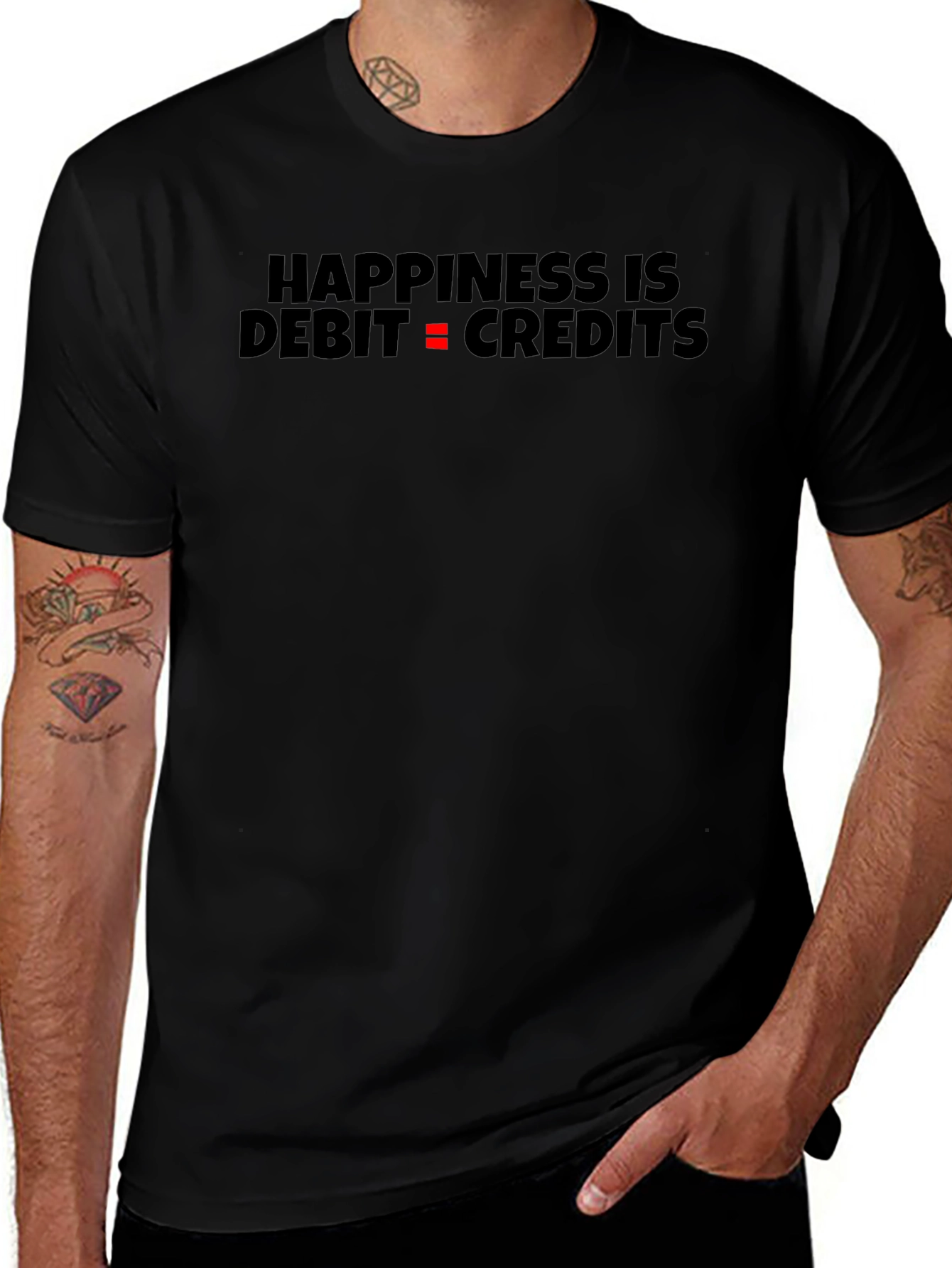 Happiness is Debit = Credits Black T-Shirt
