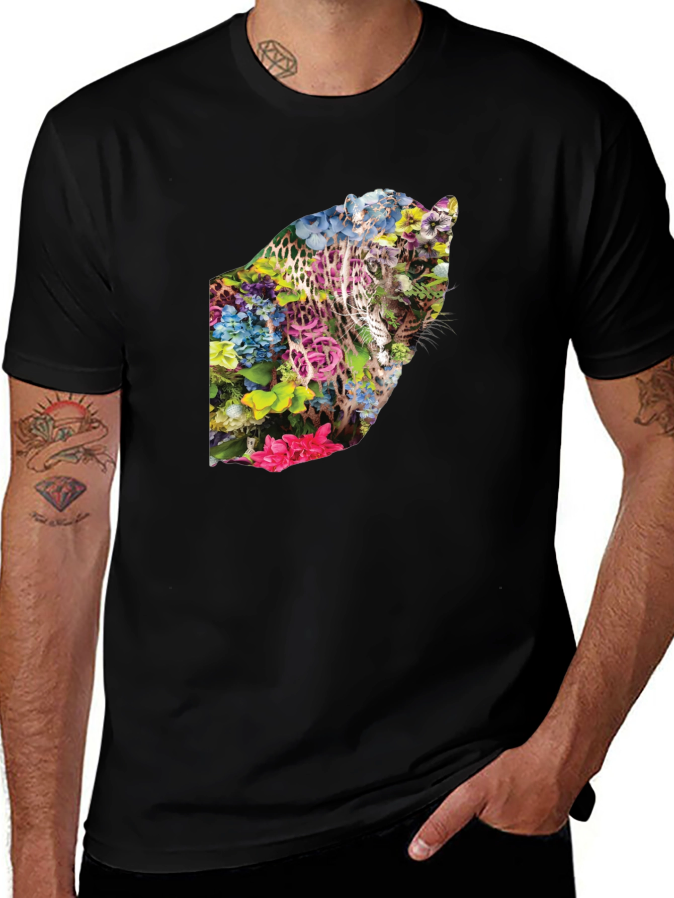 Floral Leopard Print Black T-Shirt - Stylish & Unique