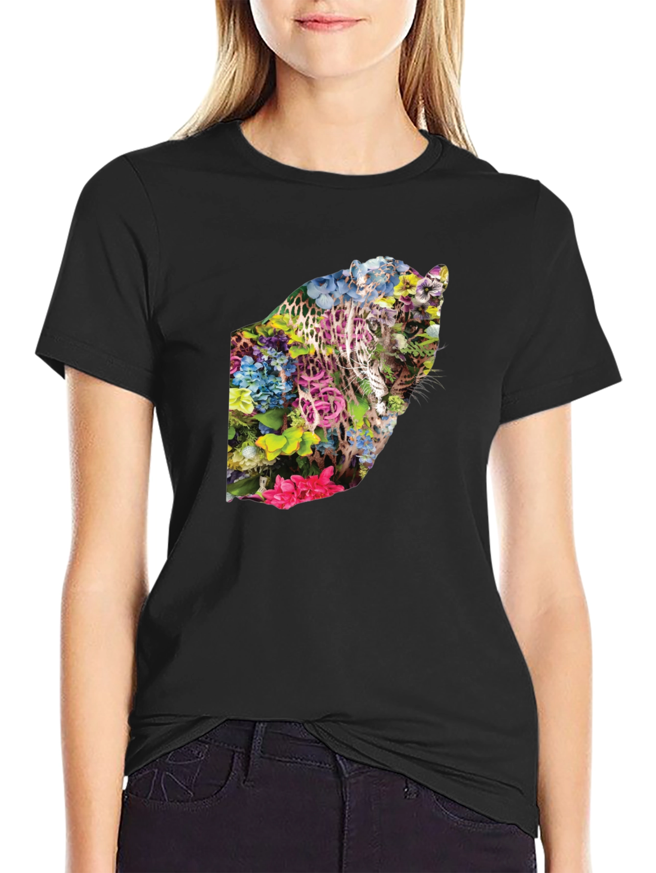 Floral Leopard Print Black T-Shirt - Stylish & Unique
