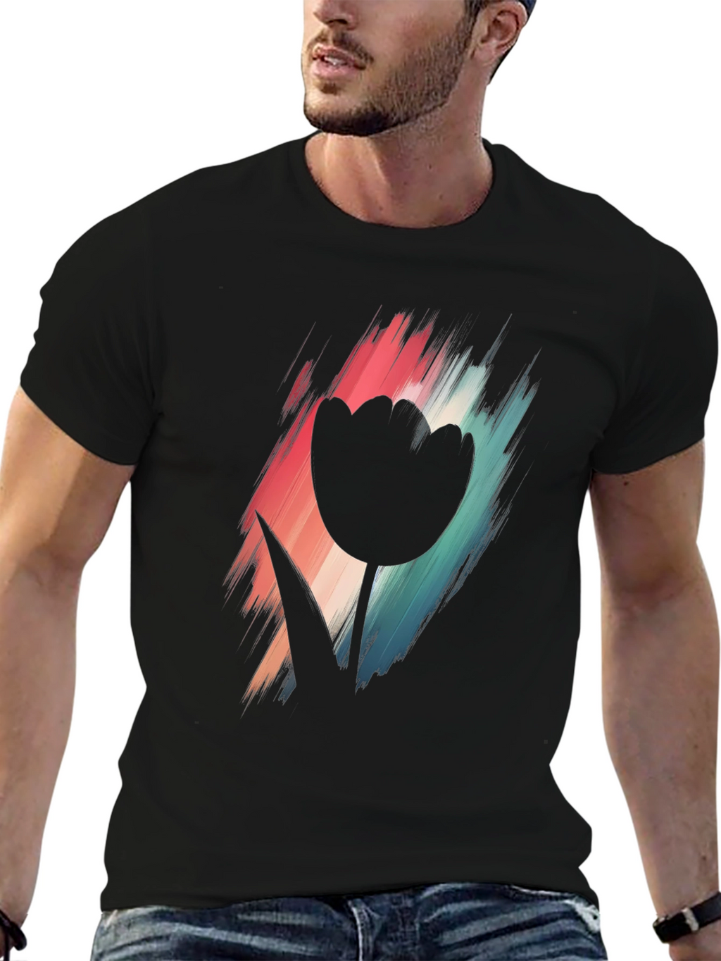 Modern Tulip Graphic Tee - Black Cotton Blend
