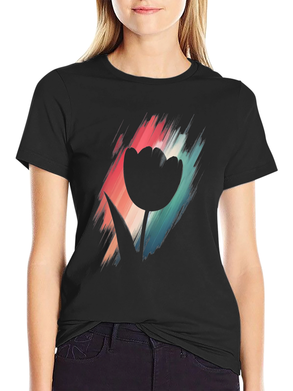 Modern Tulip Graphic Tee - Black Cotton Blend