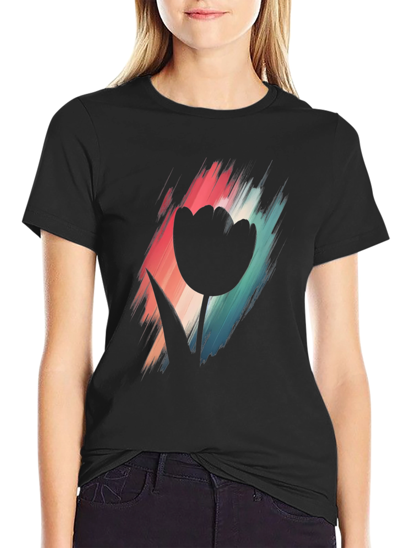 Modern Tulip Graphic Tee - Black Cotton Blend