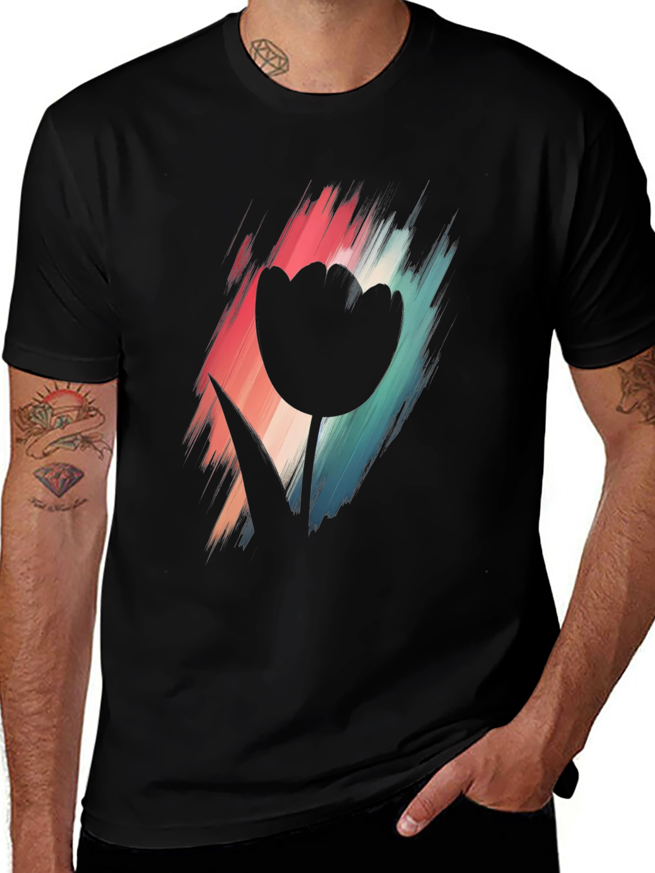 Modern Tulip Graphic Tee - Black Cotton Blend