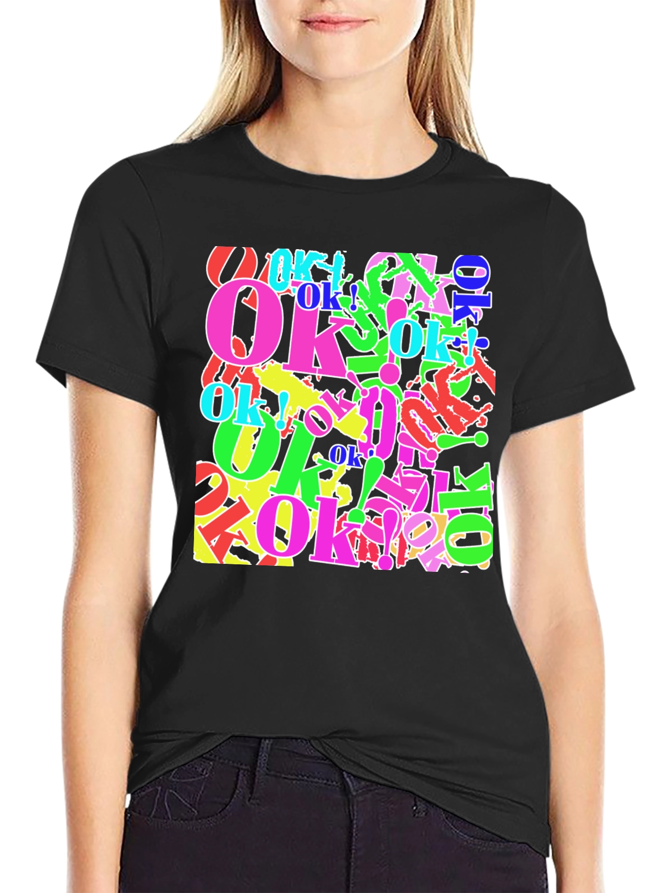 Colorful OK Graphic Print Black T-Shirt