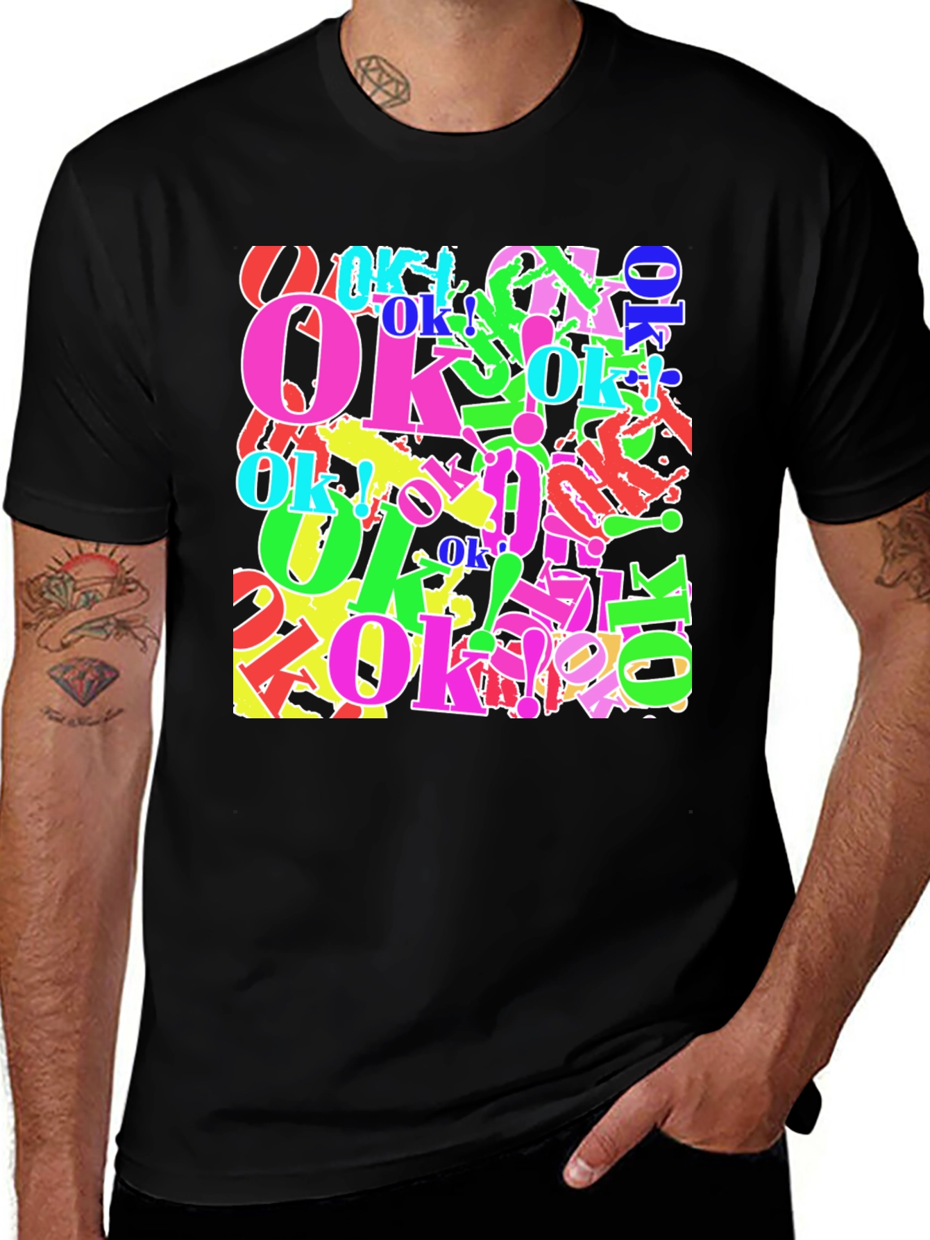 Colorful OK Graphic Print Black T-Shirt