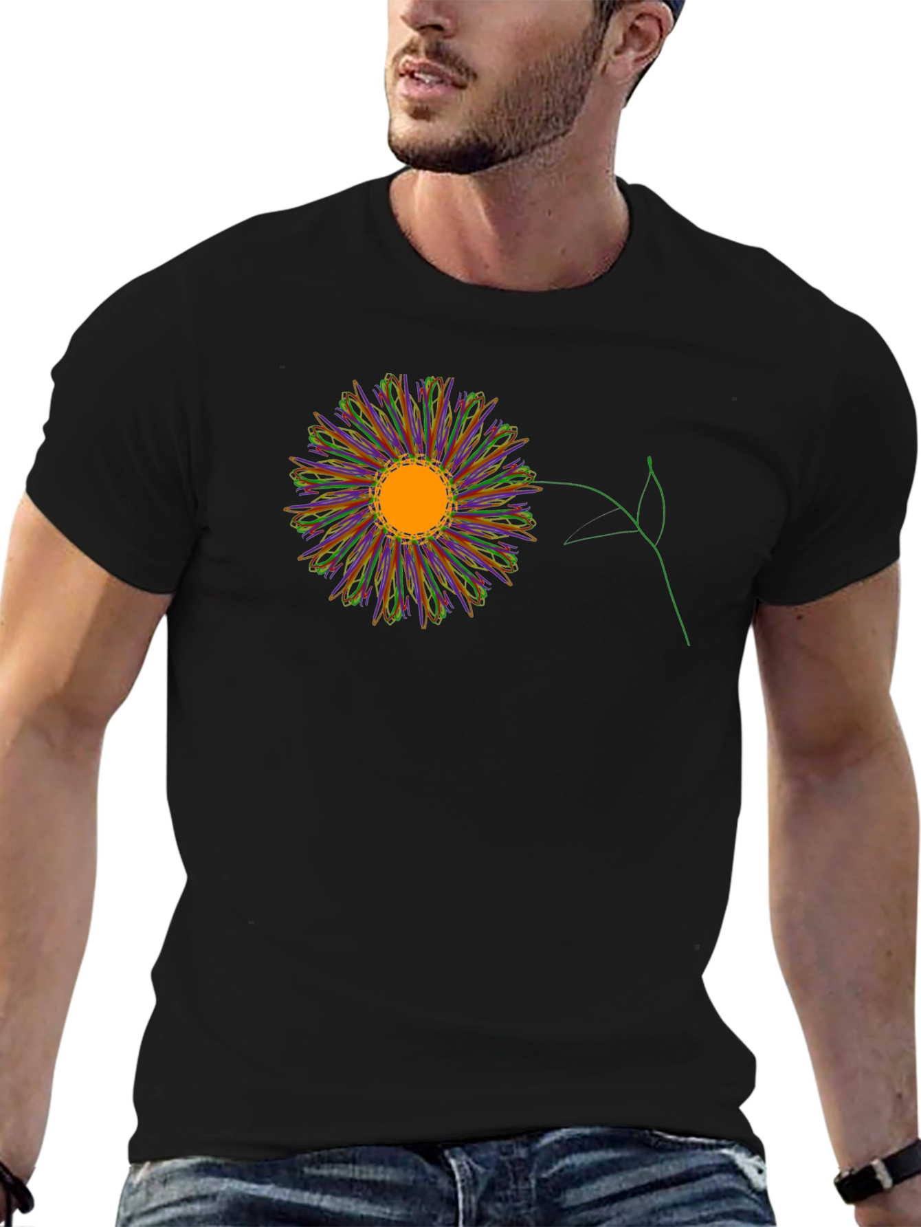 Black T-Shirt with Colorful Flower Graphic