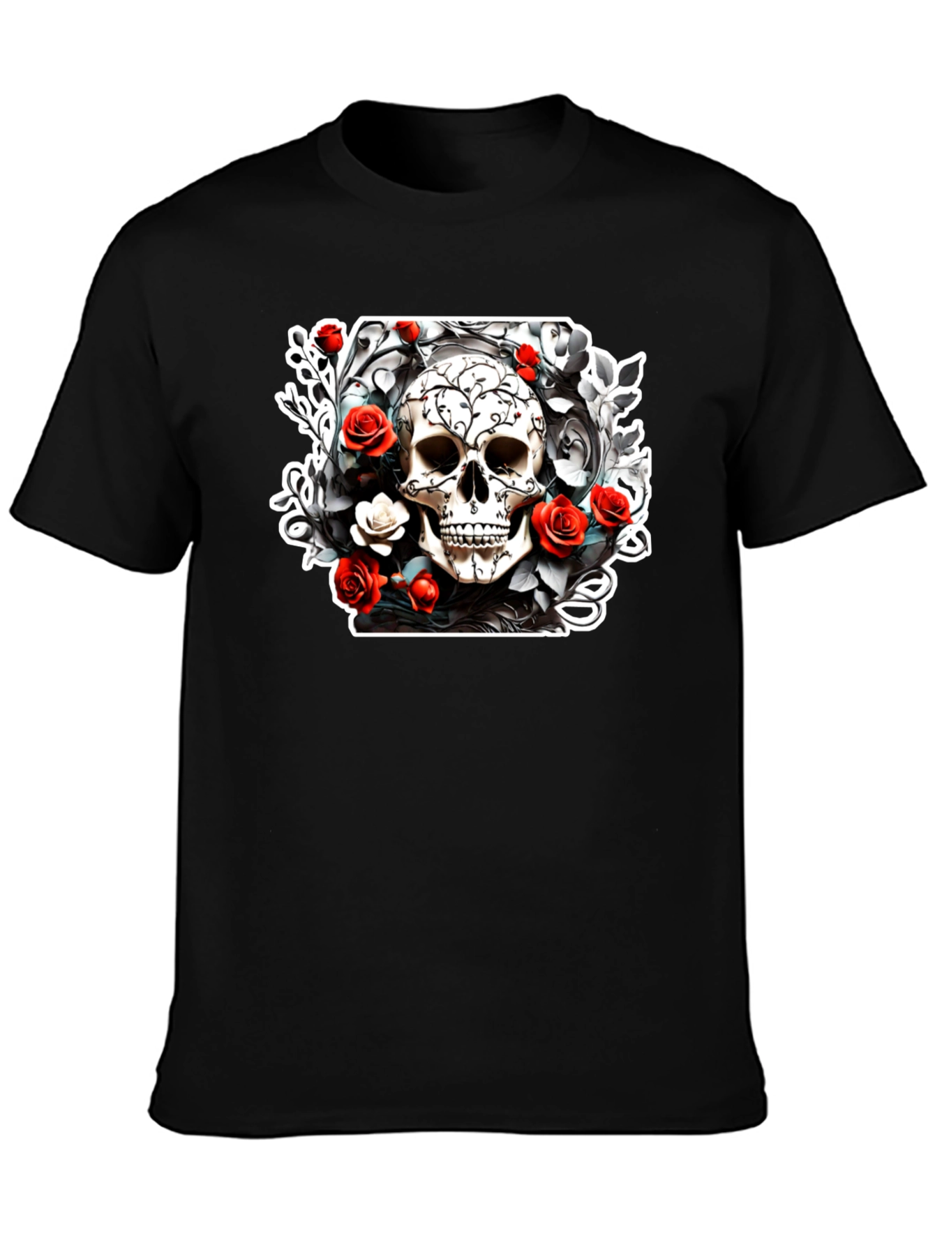 Skull & Roses Graphic Tee - Black Cotton T-Shirt