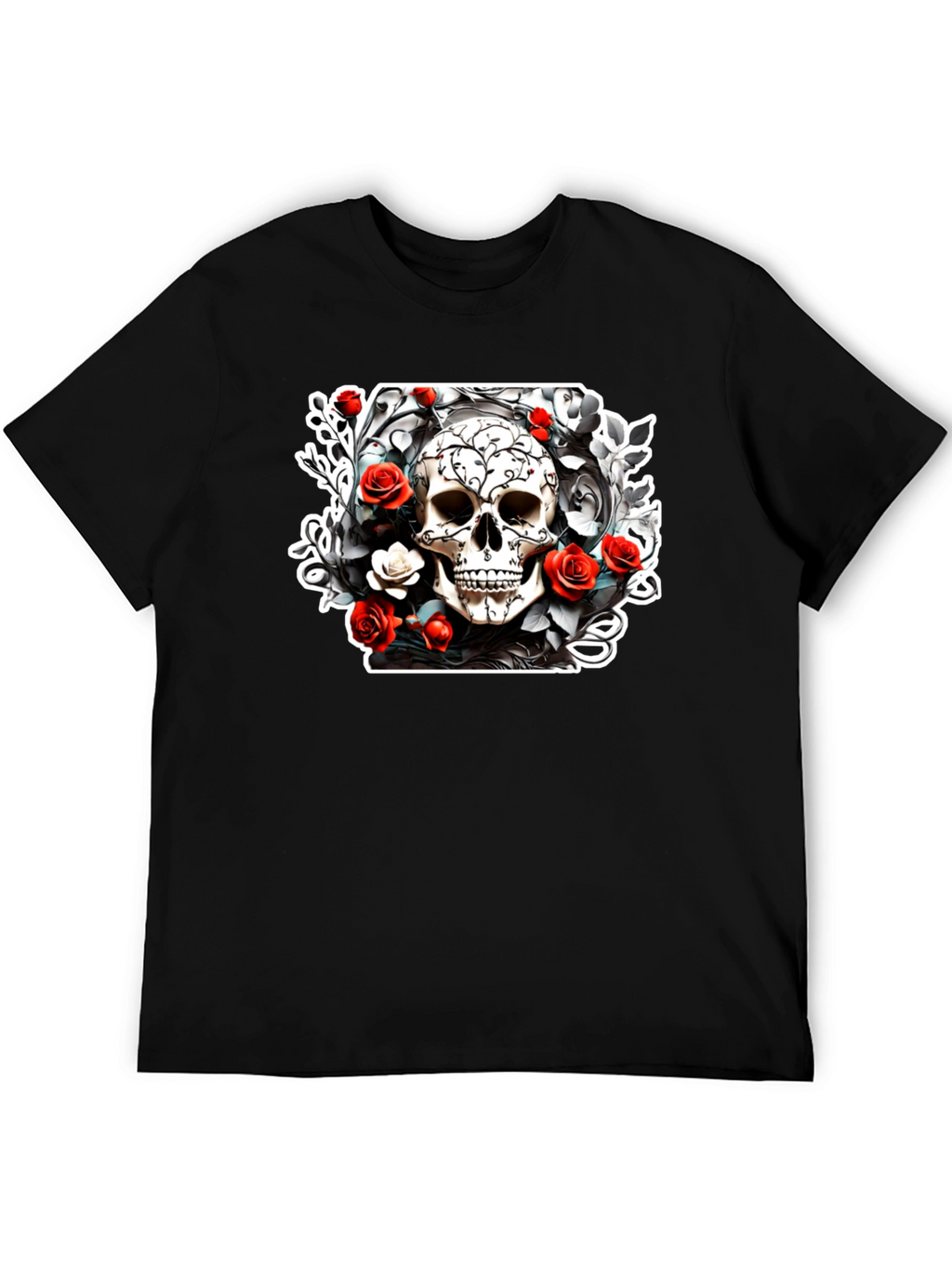 Skull & Roses Graphic Tee - Black Cotton T-Shirt