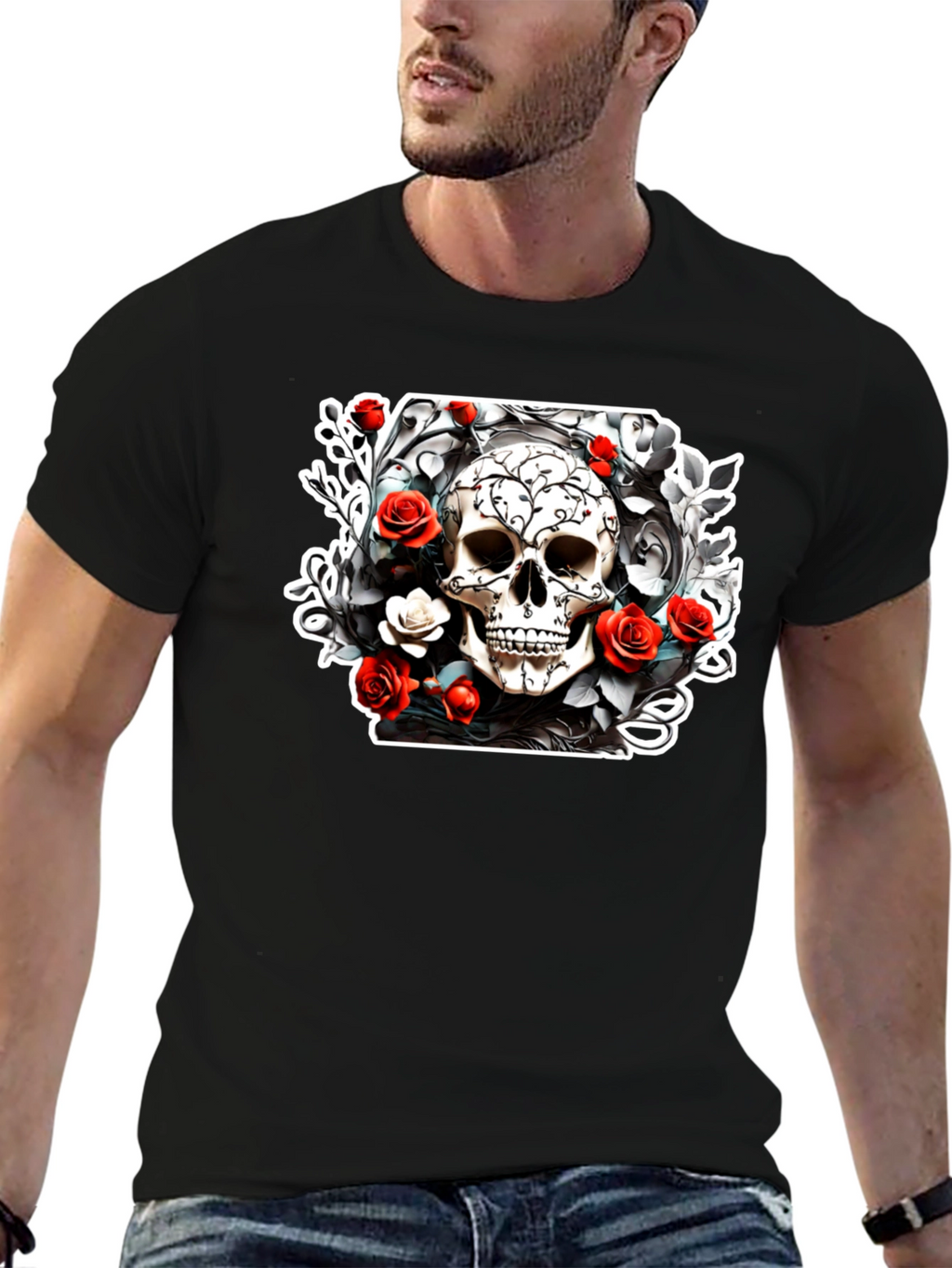 Skull & Roses Graphic Tee - Black Cotton T-Shirt