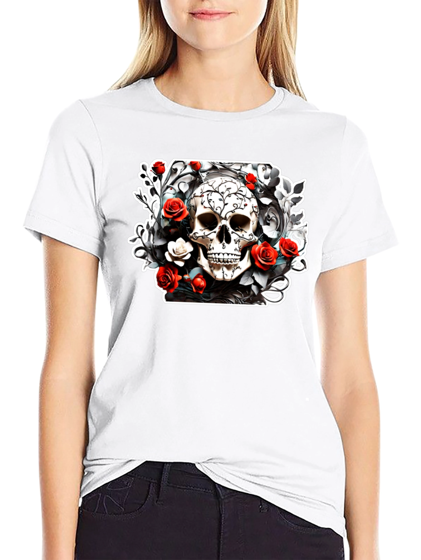 Skull & Roses Graphic Tee - Black Cotton T-Shirt