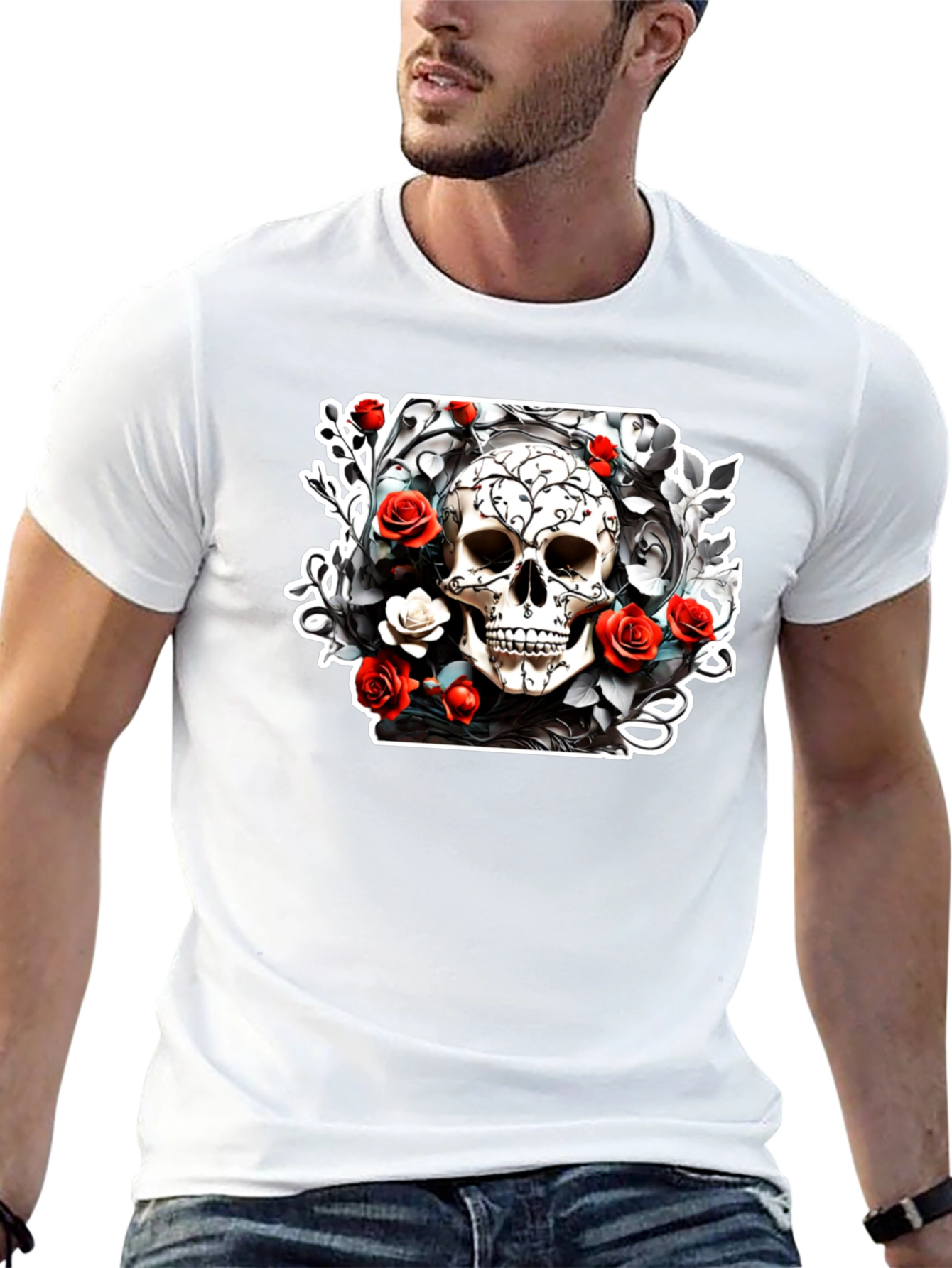 Skull & Roses Graphic Tee - Black Cotton T-Shirt