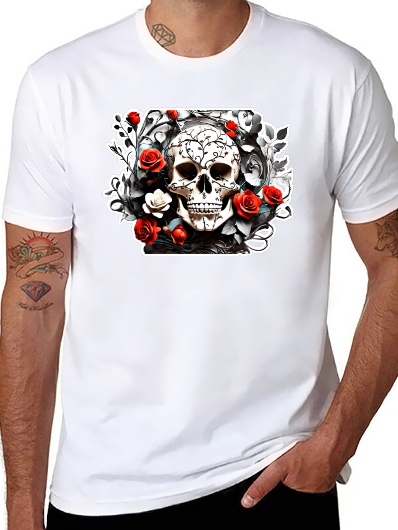 Skull & Roses Graphic Tee - Black Cotton T-Shirt