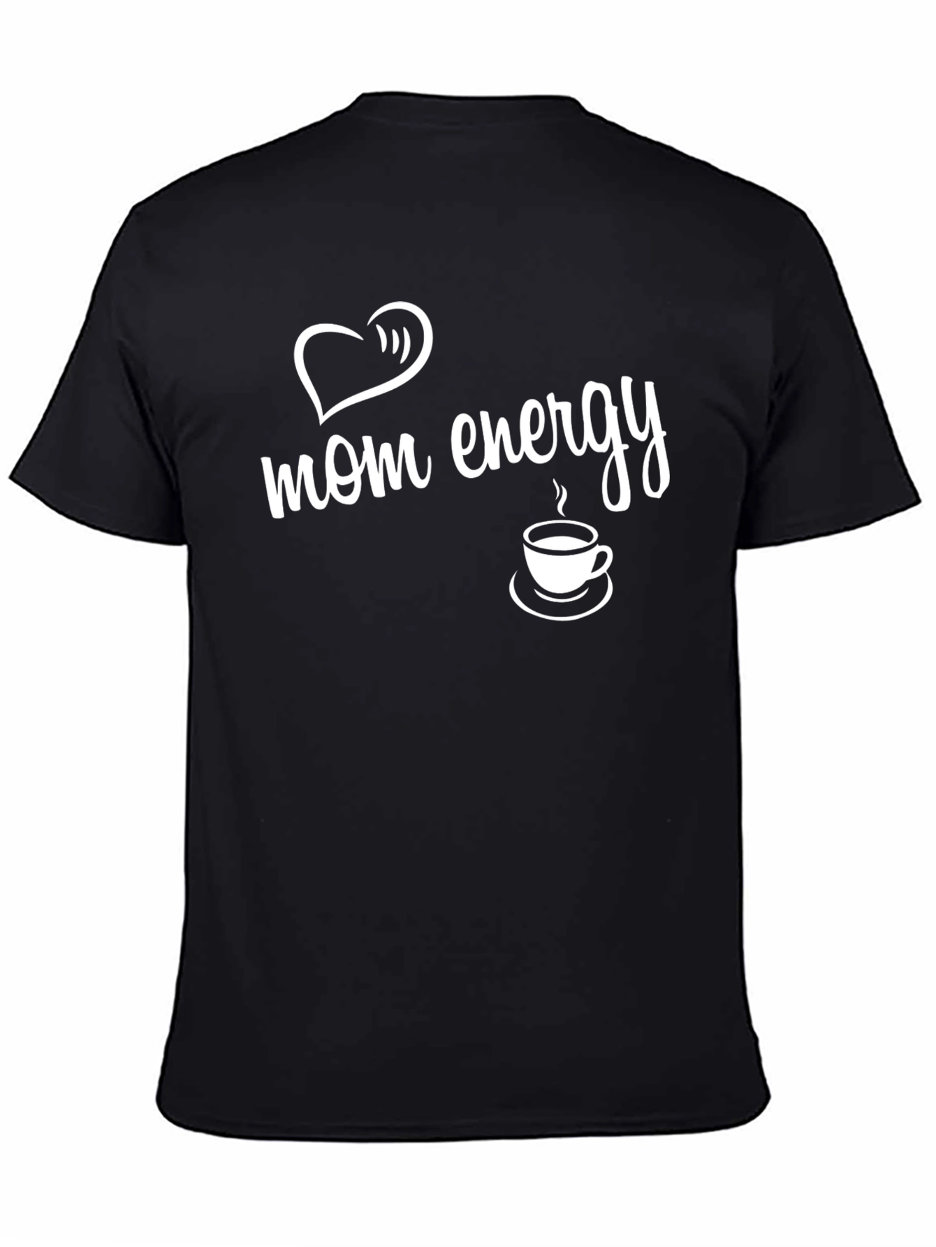 Mom Energy Black T-Shirt with Heart & Coffee Graphic