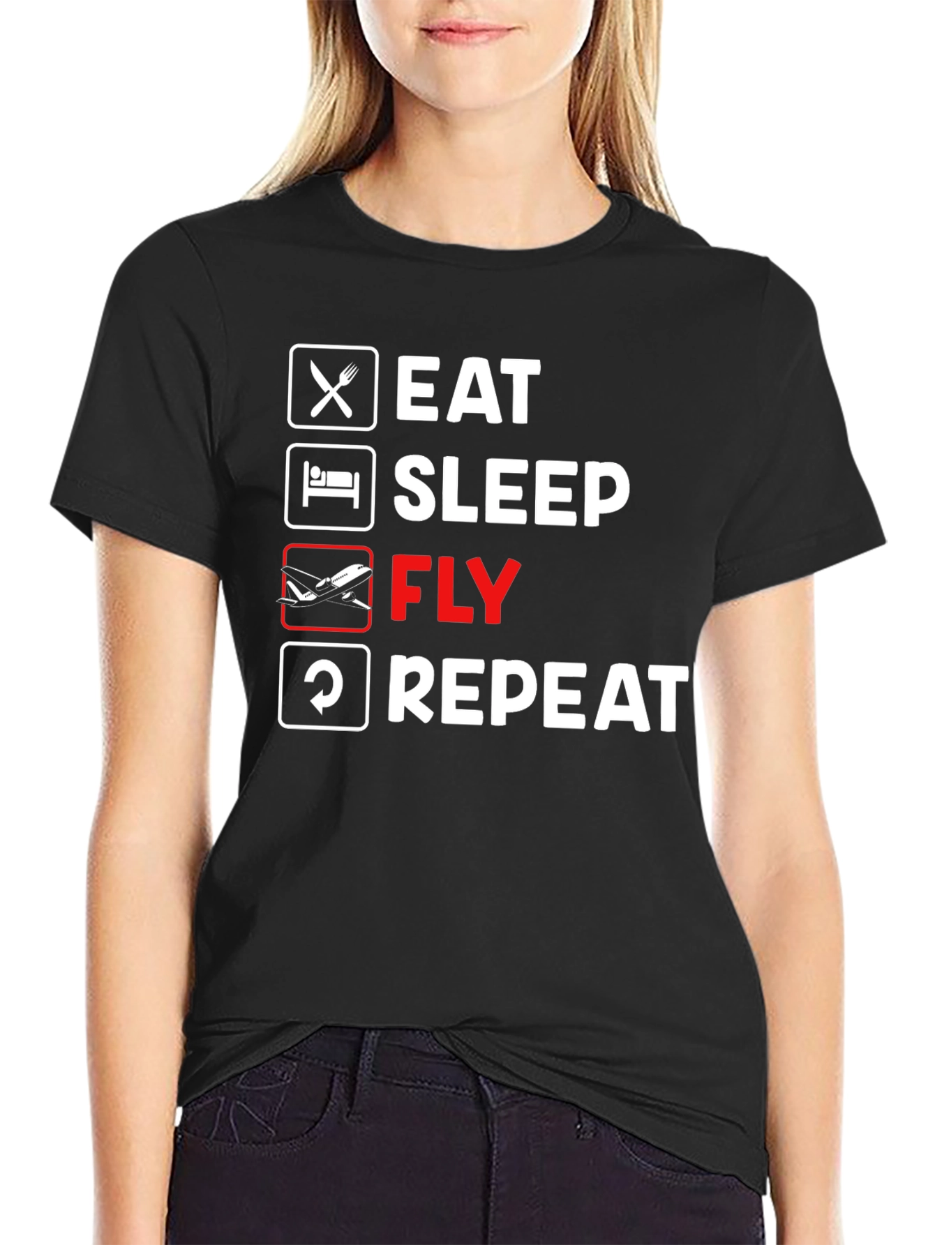 Eat Sleep Fly Repeat Graphic Tee - Black Cotton T-Shirt