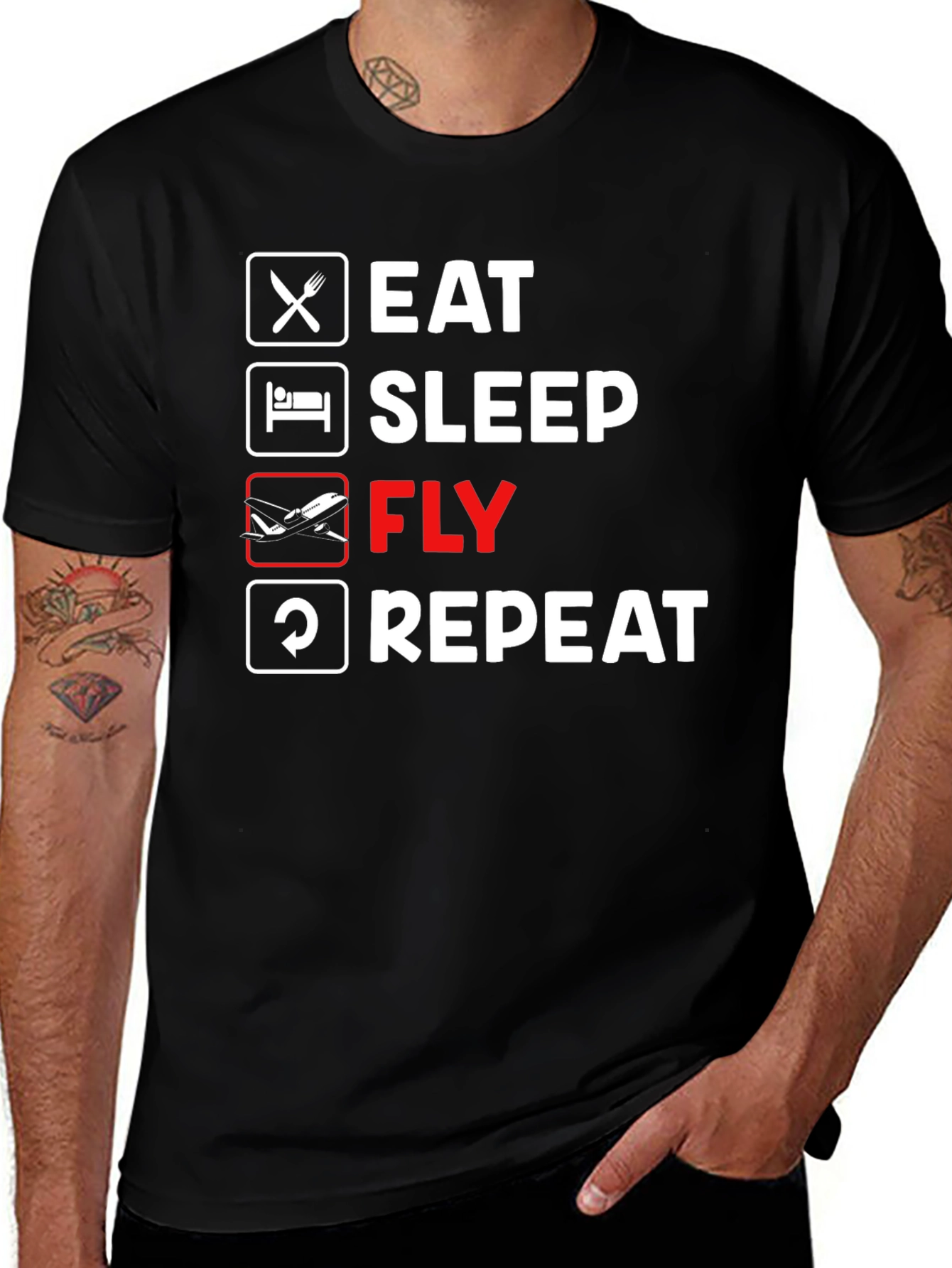 Eat Sleep Fly Repeat Graphic Tee - Black Cotton T-Shirt