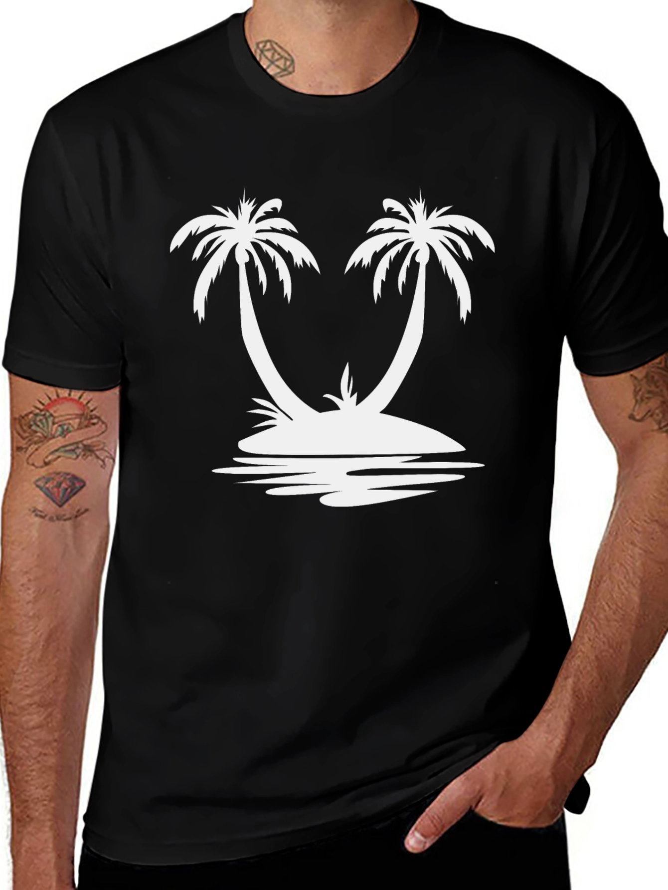 Palm Tree Island Graphic Tee - Relaxed Fit Black T-Shirt