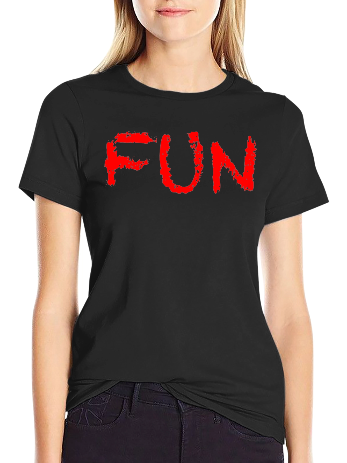 FUN Red Text Black Cotton T-Shirt