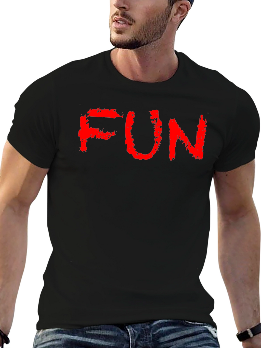 FUN Red Text Black Cotton T-Shirt