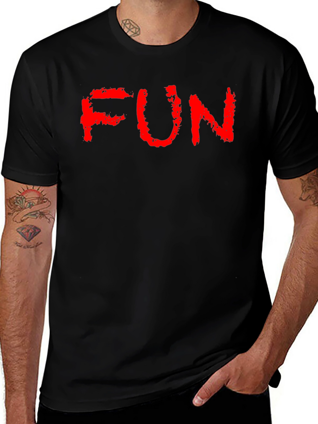 FUN Red Text Black Cotton T-Shirt