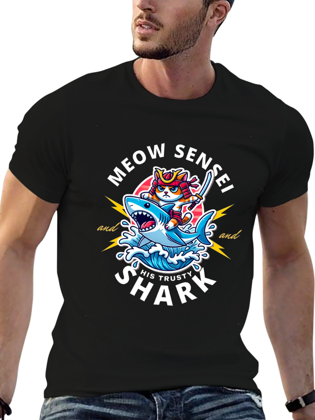 Meow Sensei & Shark T-Shirt - Fun Graphic Tee